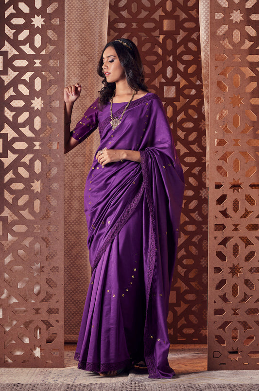 Purple Chanderi Saree - Set of 2 by Charkhee with Chanderi, Cotton, Embroidered, Ethnic Wear, Indian Wear, Naayaab, Natural, Nayaab, Nayaab by Charkhee, Purple, Relaxed Fit, Saree Sets, Womenswear at Kamakhyaa for sustainable fashion