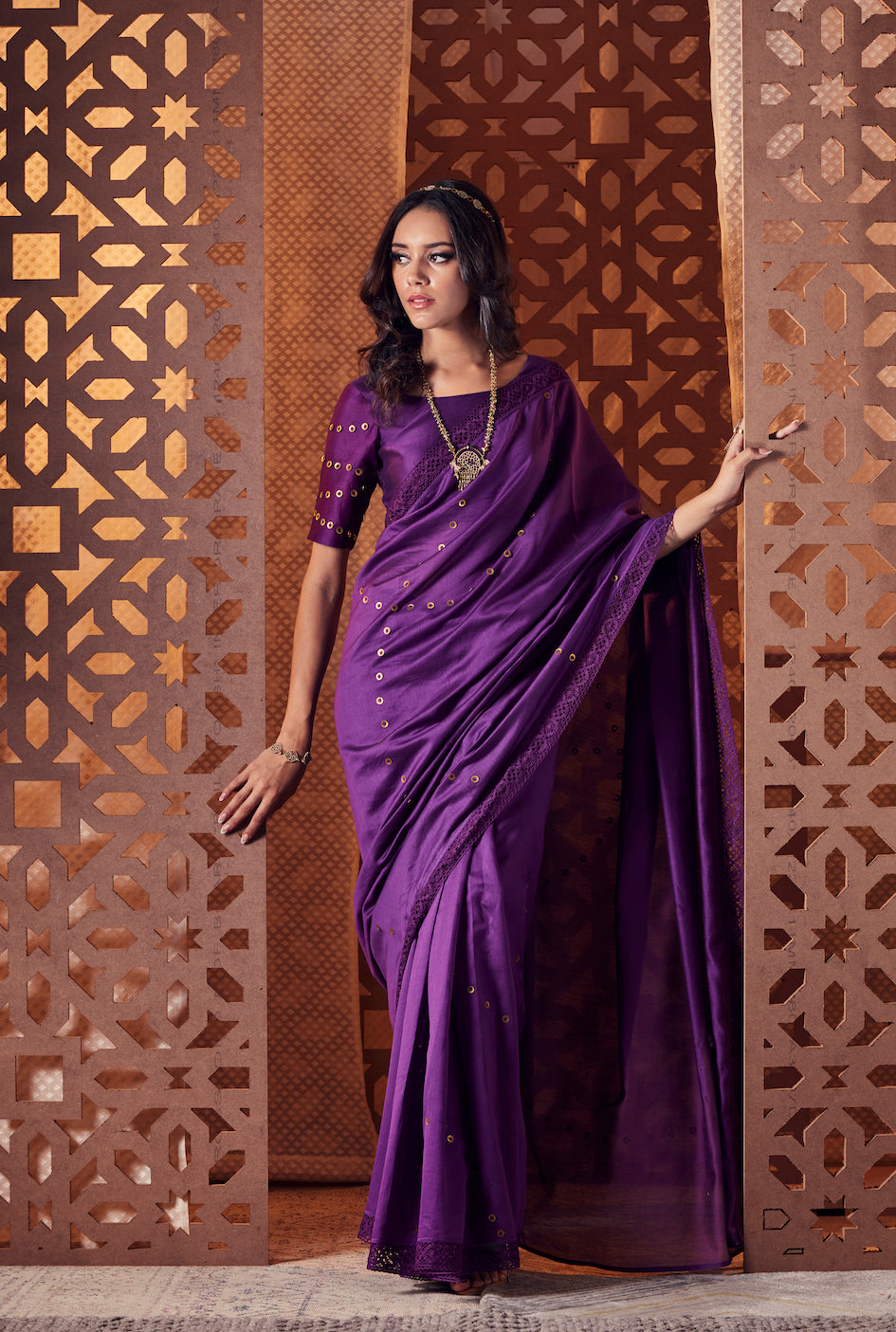 Purple Chanderi Saree - Set of 2 Complete Sets Chanderi, Cotton, Embroidered, Ethnic Wear, Naayaab, Natural, Purple, Relaxed Fit, Sarees Charkhee Kamakhyaa