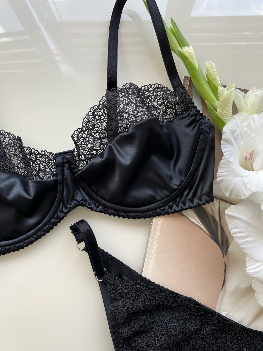 Black Lingerie Set by Angie's showroom with Bras, Intimate Wear, Lace, Lingerie Set, Natural, Regular Fit, Satin, Silk, underwear, Womenswear, Yellow at Kamakhyaa for sustainable fashion