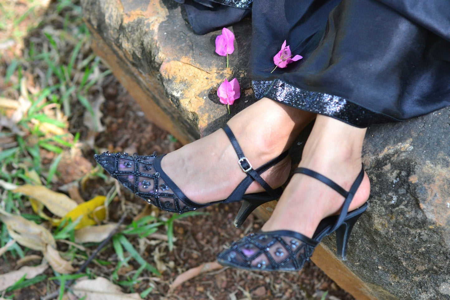 Heels-Noir Vintage Footwear Ankle Loop, Black, Embellished, Faux Leather, Heels, Pointed Toes, Upcycled, Vegan SOLE STORIES Kamakhyaa