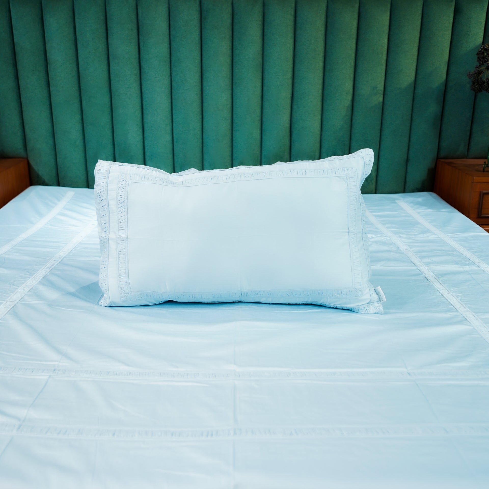 Azure Whisper Opulent Edge Pillow Cover by Aetherea with Pillow Cover at Kamakhyaa for sustainable fashion