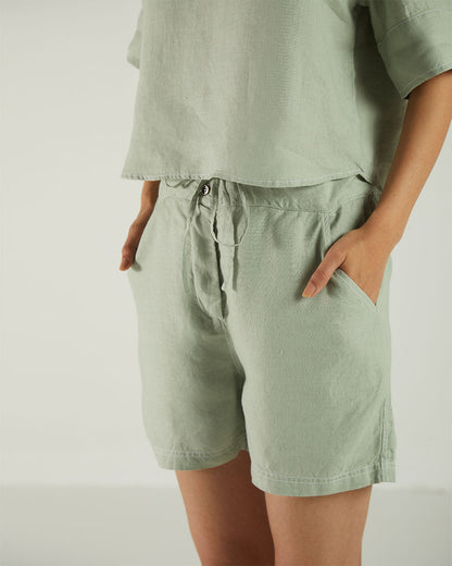 Olive Green Bemberg Shorts by Reistor with Bemberg, Casual Wear, Earth by Reistor, Green, Hemp, Natural, Regular Fit, Shorts, Solids, Womenswear at Kamakhyaa for sustainable fashion