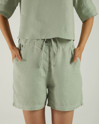 Olive Green Bemberg Shorts by Reistor with Bemberg, Casual Wear, Earth by Reistor, Green, Hemp, Natural, Regular Fit, Shorts, Solids, Womenswear at Kamakhyaa for sustainable fashion