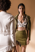 Olive Green Co-ord 2-Piece Set by Meko Studio with Co-Ord Sets, Cotton, Deadstock Fabrics, Fusion Wear, July Sale, July Sale 2023, Lycra, Olive Green, Regular Fit, Skirt Sets, Solids, Vacation, Vacation Co-ords, Verao by Meko Studio, Verao SS-22/23, Womenswear at Kamakhyaa for sustainable fashion