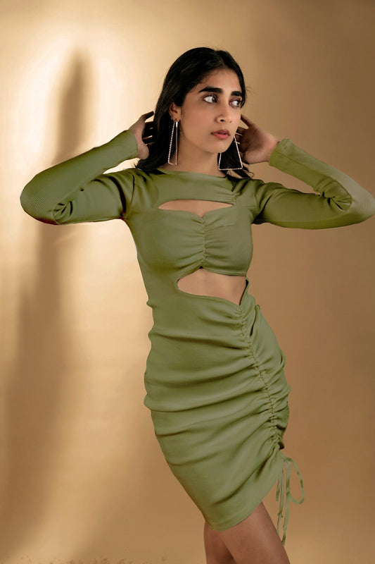 Olive Green Mini Dress by Meko Studio with Cut Out Dresses, Deadstock Fabrics, Evening Wear, July Sale, July Sale 2023, Mini Dresses, Olive Green, Reroot AW-21/22, Reroot by Meko Studio, Slim Fit, Solids, Womenswear at Kamakhyaa for sustainable fashion