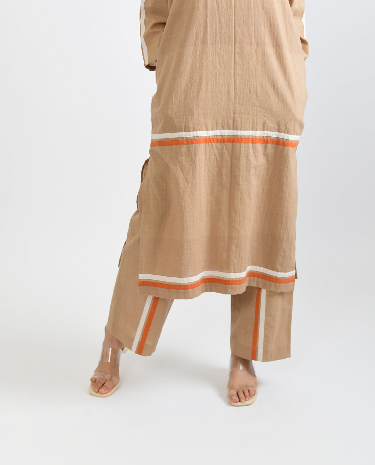 Beige Solid Co-ord Set by Rias Jaipur with Beige, Casual Wear, Co-ord Sets, For Mother, Handloom Cotton, Handspun, Handwoven, Hue, Relaxed Fit, Rias Hue by Rias Jaipur, Solids, Stripes, Travel, Travel Co-ords, Womenswear at Kamakhyaa for sustainable fashion