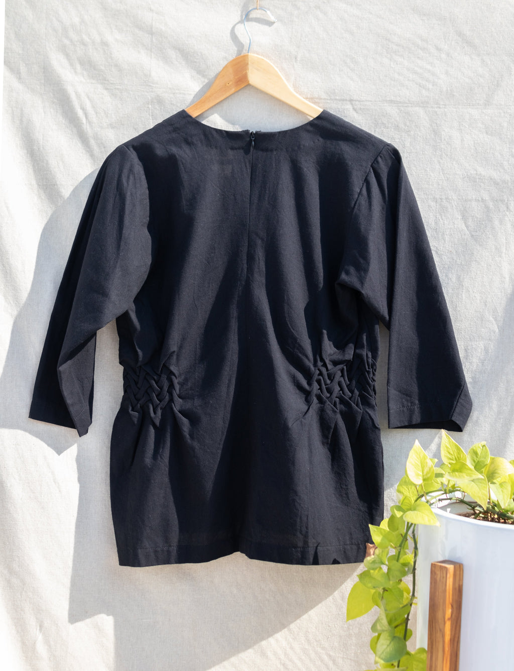 Black V-Neck Tunic Top by Anushé Pirani with Black, Blouses, Handwoven Cotton, July Sale, July Sale 2023, Natural, Office Wear, Regular Fit, sale anushe pirani, Solids, The Line Tales, The Line Tales by Anushe Pirani, Tops, Womenswear at Kamakhyaa for sustainable fashion