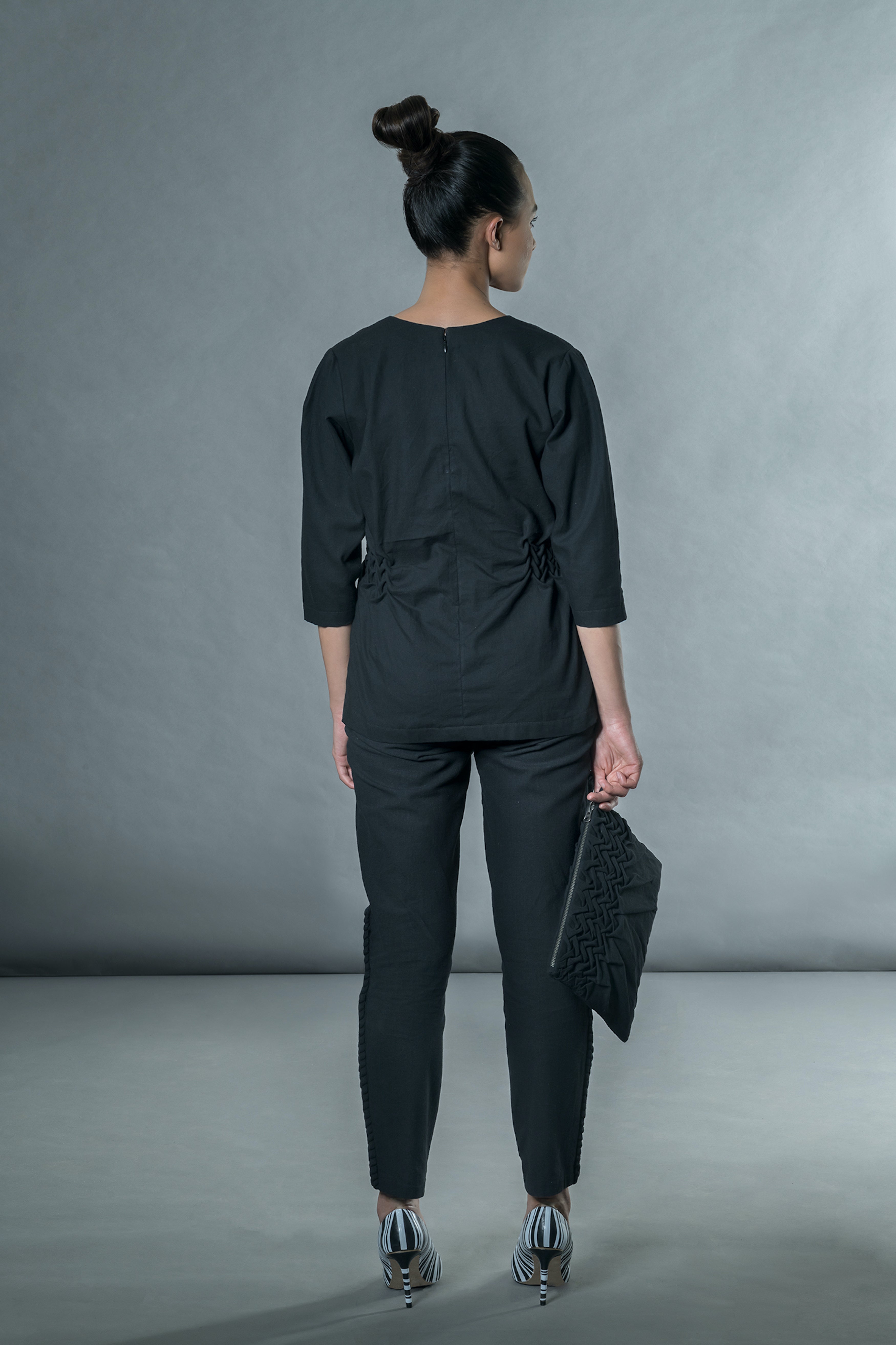 Black V-Neck Tunic Top by Anushé Pirani with Black, Blouses, Handwoven Cotton, July Sale, July Sale 2023, Natural, Office Wear, Regular Fit, sale anushe pirani, Solids, The Line Tales, The Line Tales by Anushe Pirani, Tops, Womenswear at Kamakhyaa for sustainable fashion