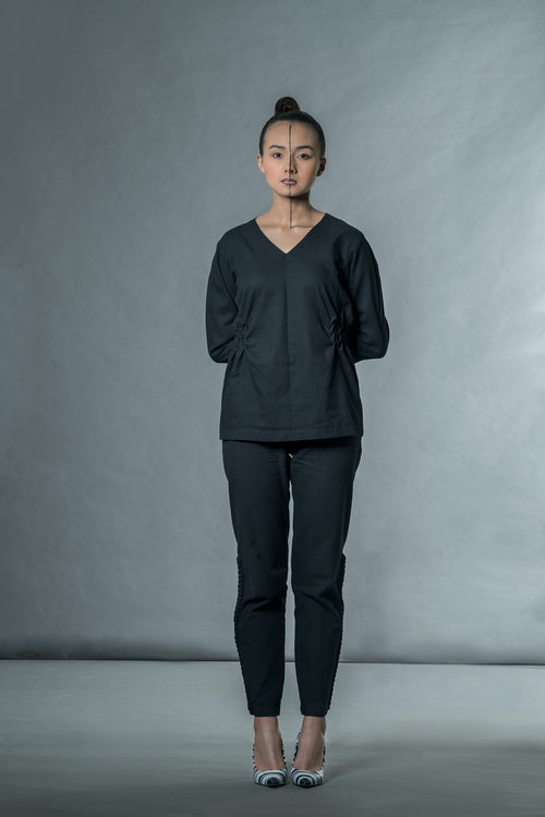 Black V-Neck Tunic Top by Anushé Pirani with Black, Blouses, Handwoven Cotton, July Sale, July Sale 2023, Natural, Office Wear, Regular Fit, sale anushe pirani, Solids, The Line Tales, The Line Tales by Anushe Pirani, Tops, Womenswear at Kamakhyaa for sustainable fashion