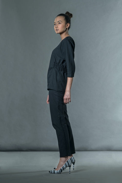 Black V-Neck Tunic Top by Anushé Pirani with Black, Blouses, Handwoven Cotton, July Sale, July Sale 2023, Natural, Office Wear, Regular Fit, sale anushe pirani, Solids, The Line Tales, The Line Tales by Anushe Pirani, Tops, Womenswear at Kamakhyaa for sustainable fashion