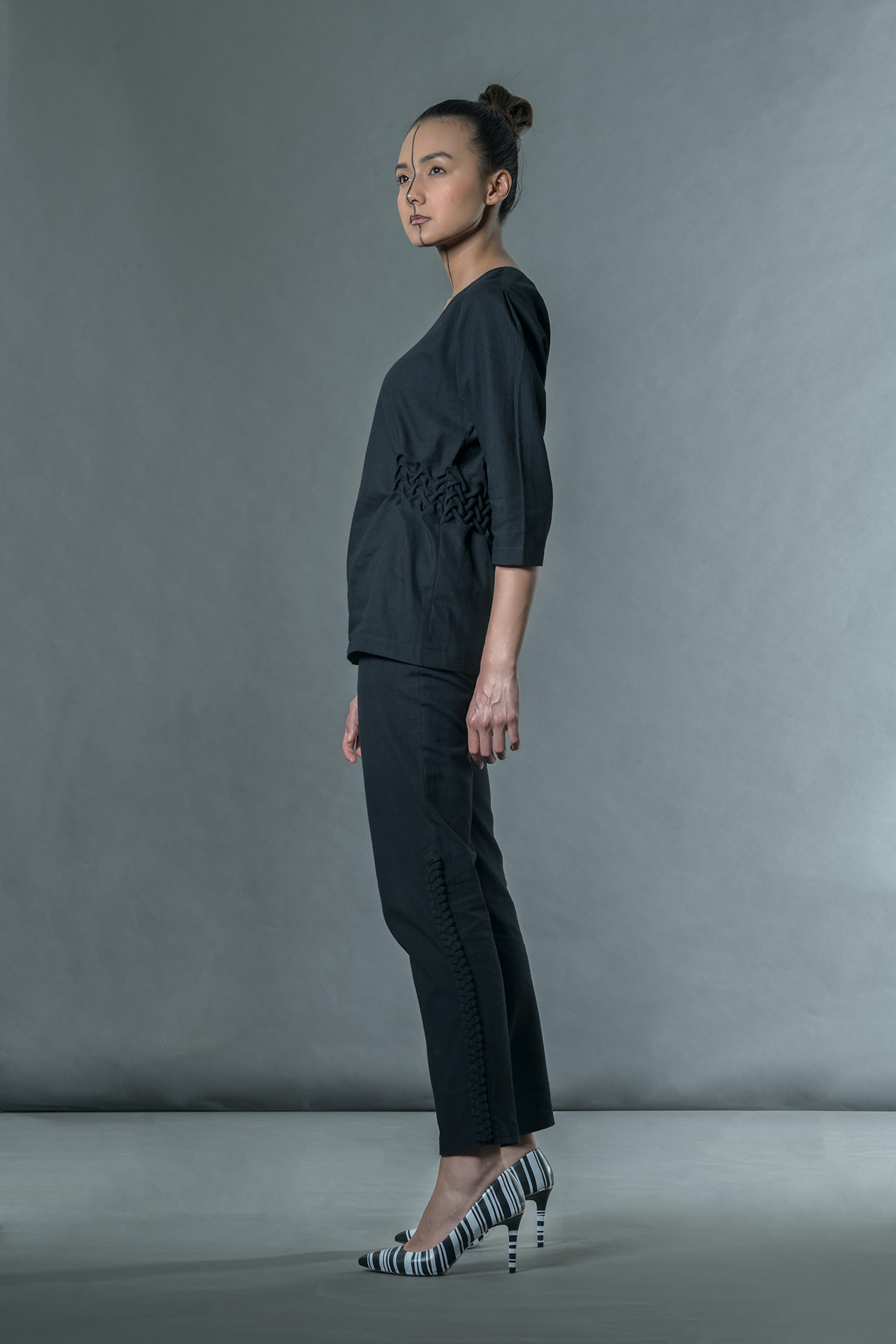 Black Braided Pants by Anushé Pirani with Black, Handwoven Jute Cotton, July Sale, July Sale 2023, Natural, Office Wear, Pants, Regular Fit, sale anushe pirani, Solids, The Line Tales, The Line Tales by Anushe Pirani, Womenswear at Kamakhyaa for sustainable fashion