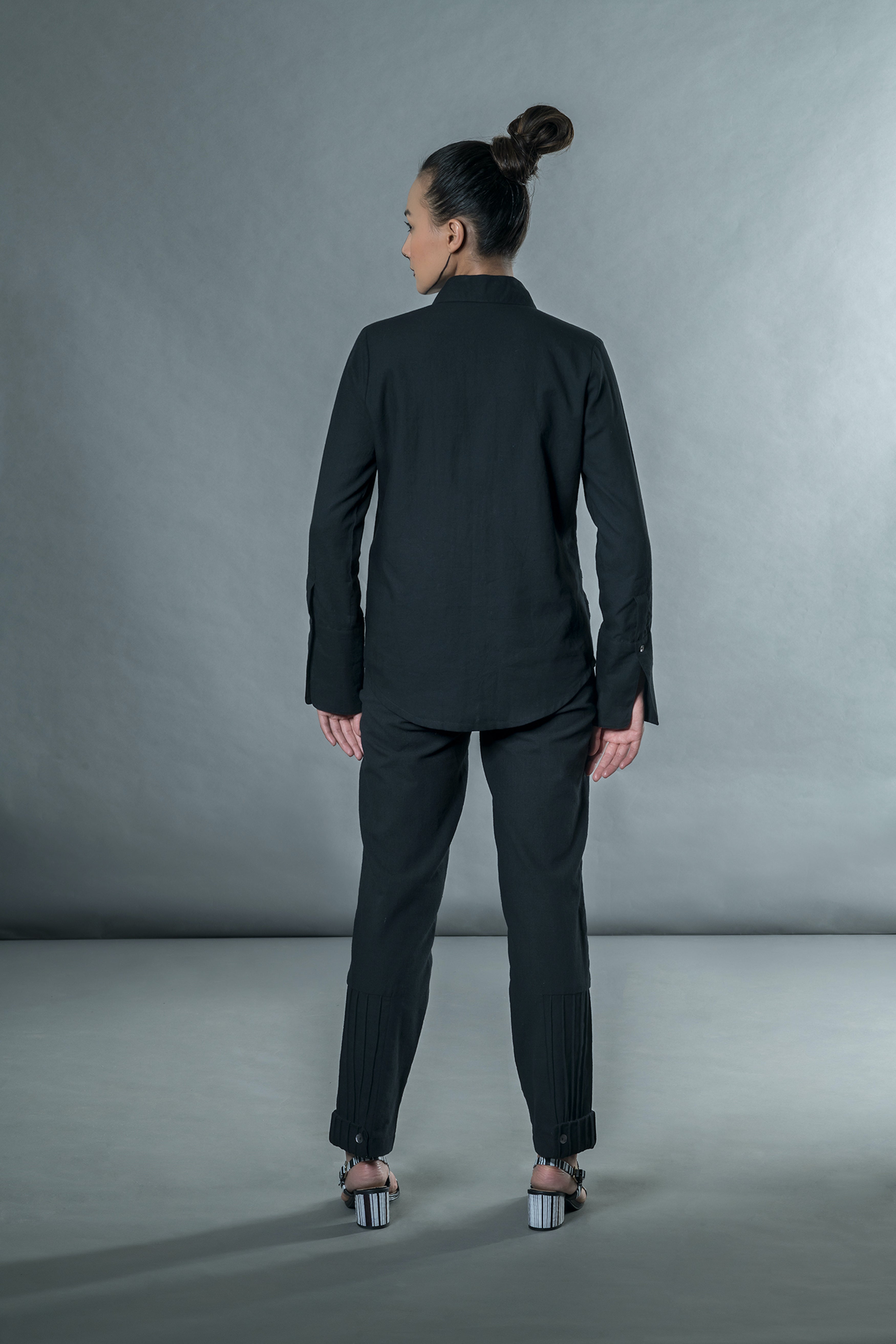 Black Pants with corded patch by Anushé Pirani with Black, Handwoven Jute Cotton, July Sale, July Sale 2023, Natural, Office Wear, Pants, Regular Fit, sale anushe pirani, Solids, The Line Tales, The Line Tales by Anushe Pirani, Womenswear at Kamakhyaa for sustainable fashion