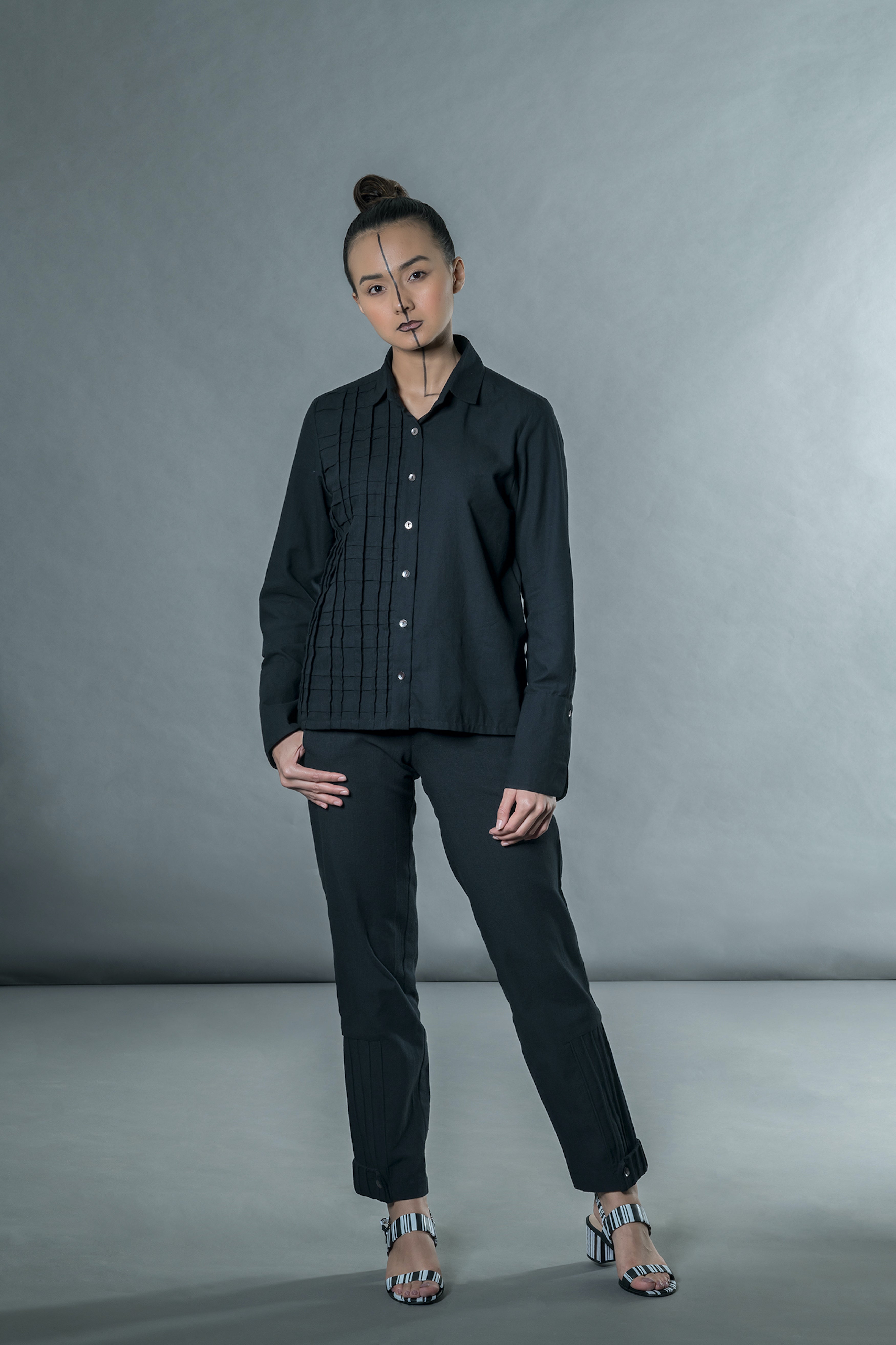 Black Pants with corded patch by Anushé Pirani with Black, Handwoven Jute Cotton, July Sale, July Sale 2023, Natural, Office Wear, Pants, Regular Fit, sale anushe pirani, Solids, The Line Tales, The Line Tales by Anushe Pirani, Womenswear at Kamakhyaa for sustainable fashion