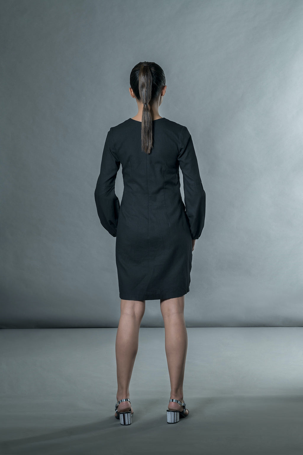 Black Long Puff Sleeves Mini Dress by Anushé Pirani with Black, Handwoven Cotton, July Sale, July Sale 2023, Mini Dresses, Natural, Office Wear, Regular Fit, sale anushe pirani, Solids, The Line Tales, The Line Tales by Anushe Pirani, Womenswear at Kamakhyaa for sustainable fashion