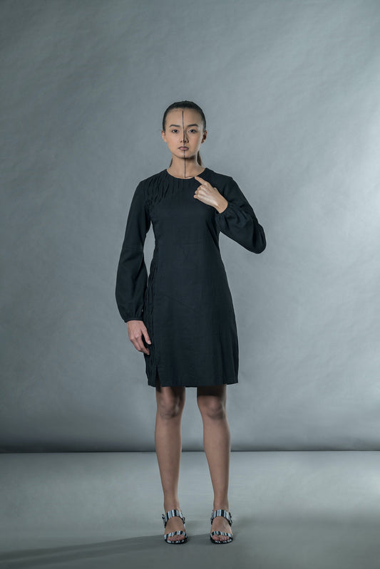 Black Long Puff Sleeves Mini Dress by Anushé Pirani with Black, Handwoven Cotton, July Sale, July Sale 2023, Mini Dresses, Natural, Office Wear, Regular Fit, sale anushe pirani, Solids, The Line Tales, The Line Tales by Anushe Pirani, Womenswear at Kamakhyaa for sustainable fashion