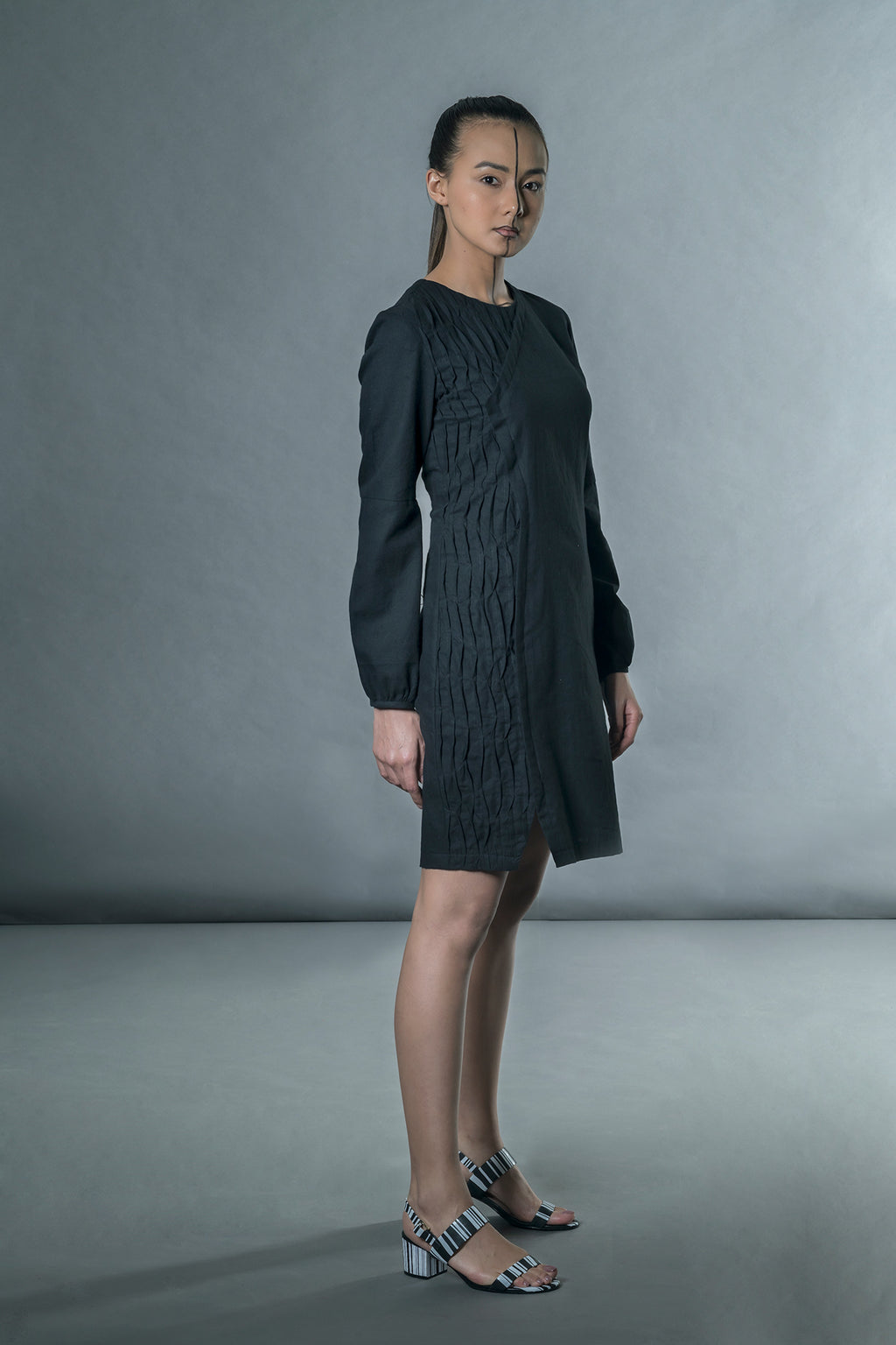 Black Long Puff Sleeves Mini Dress by Anushé Pirani with Black, Handwoven Cotton, July Sale, July Sale 2023, Mini Dresses, Natural, Office Wear, Regular Fit, sale anushe pirani, Solids, The Line Tales, The Line Tales by Anushe Pirani, Womenswear at Kamakhyaa for sustainable fashion