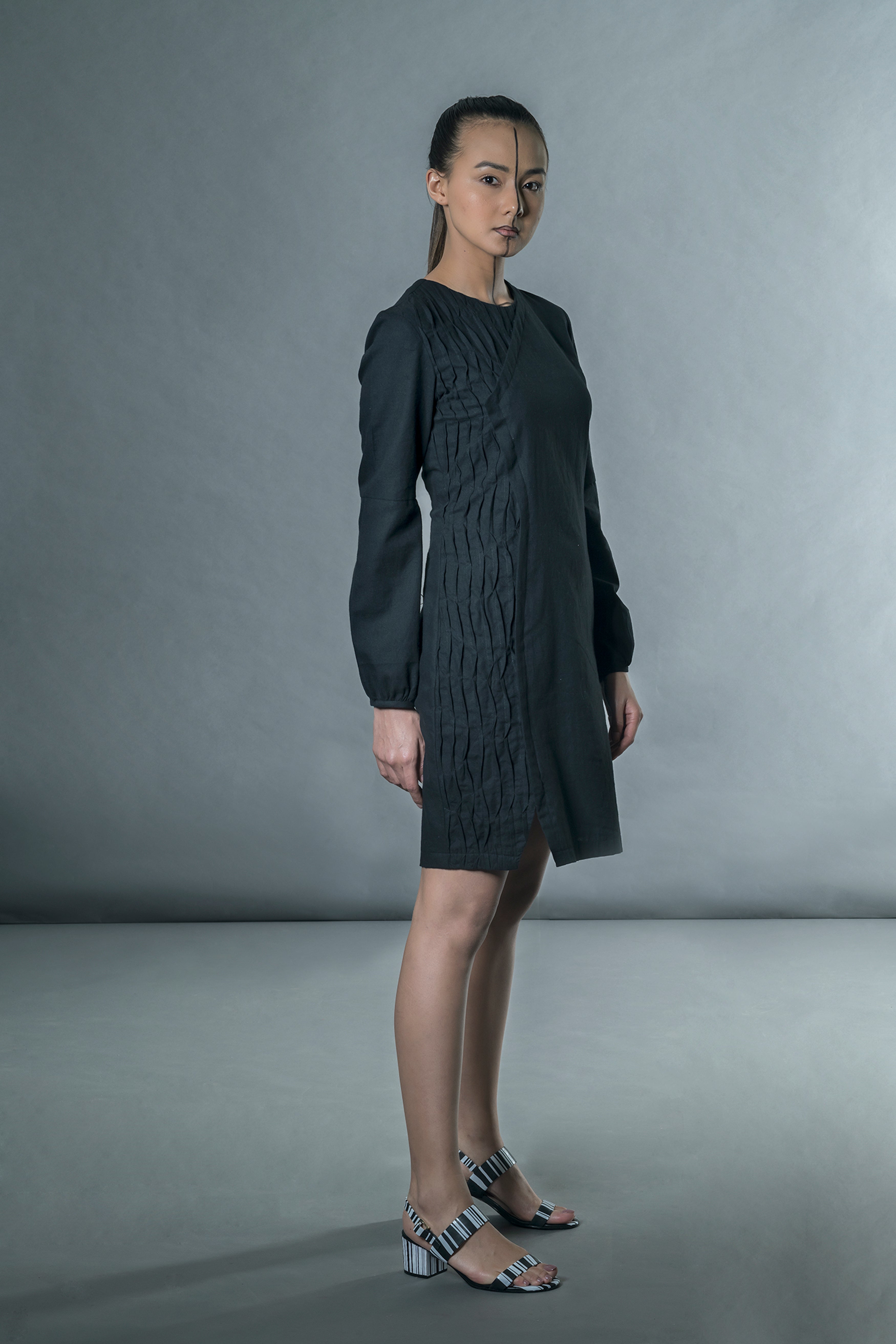 Black Long Puff Sleeves Mini Dress by Anushé Pirani with Black, Handwoven Cotton, July Sale, July Sale 2023, Mini Dresses, Natural, Office Wear, Regular Fit, sale anushe pirani, Solids, The Line Tales, The Line Tales by Anushe Pirani, Womenswear at Kamakhyaa for sustainable fashion