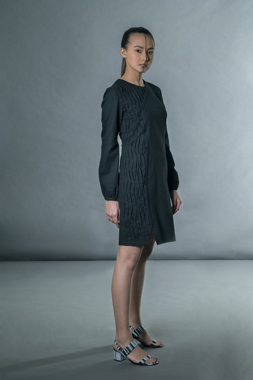 Black Long Puff Sleeves Mini Dress by Anushé Pirani with Black, Handwoven Cotton, July Sale, July Sale 2023, Mini Dresses, Natural, Office Wear, Regular Fit, sale anushe pirani, Solids, The Line Tales, The Line Tales by Anushe Pirani, Womenswear at Kamakhyaa for sustainable fashion