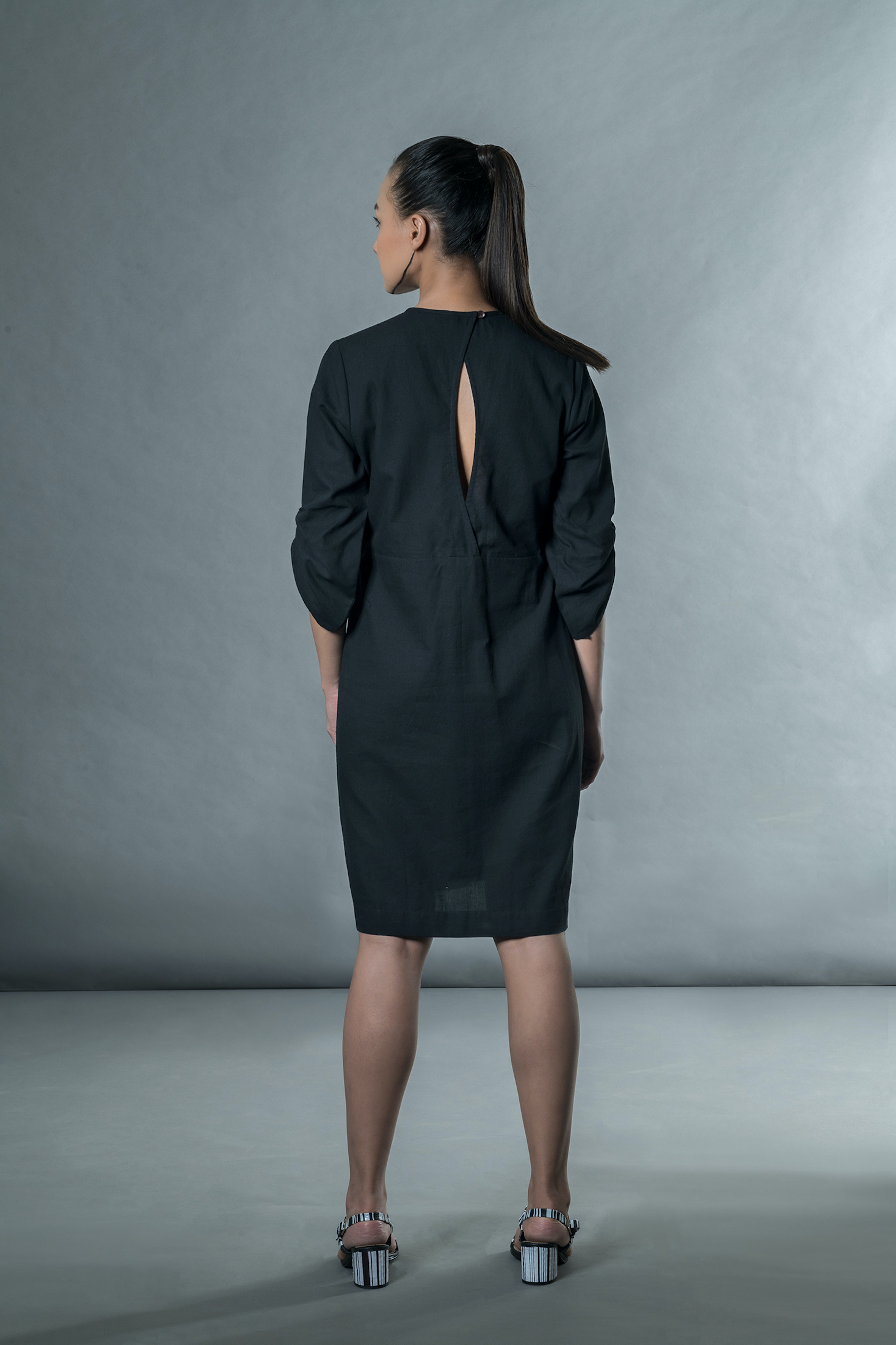 Black Midi Dress by Anushé Pirani with Black, Handwoven Cotton, July Sale, July Sale 2023, Midi Dresses, Natural, Office Wear, Regular Fit, sale anushe pirani, Short Dresses, Solids, The Line Tales, The Line Tales by Anushe Pirani, Womenswear at Kamakhyaa for sustainable fashion