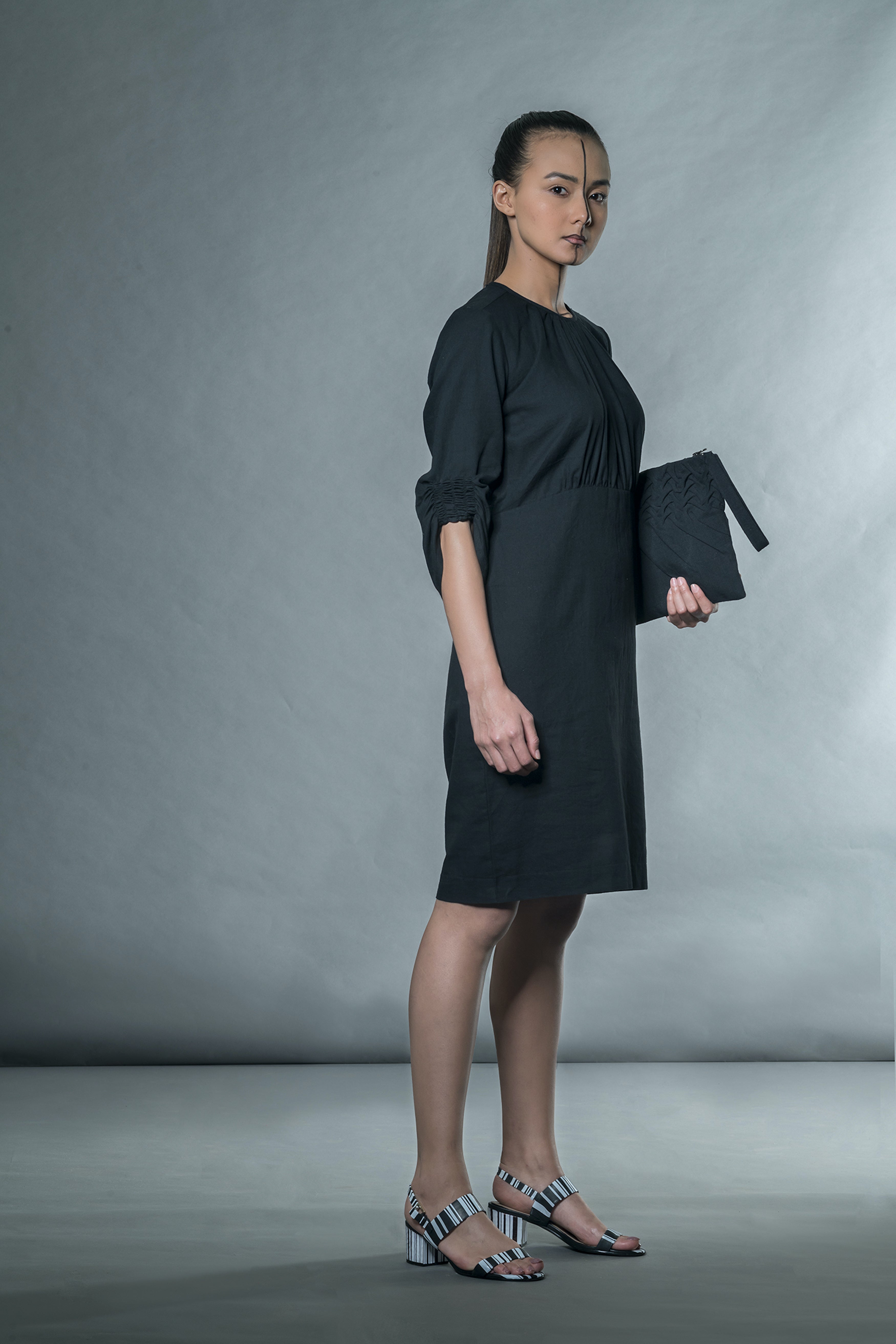 Black Midi Dress by Anushé Pirani with Black, Handwoven Cotton, July Sale, July Sale 2023, Midi Dresses, Natural, Office Wear, Regular Fit, sale anushe pirani, Short Dresses, Solids, The Line Tales, The Line Tales by Anushe Pirani, Womenswear at Kamakhyaa for sustainable fashion