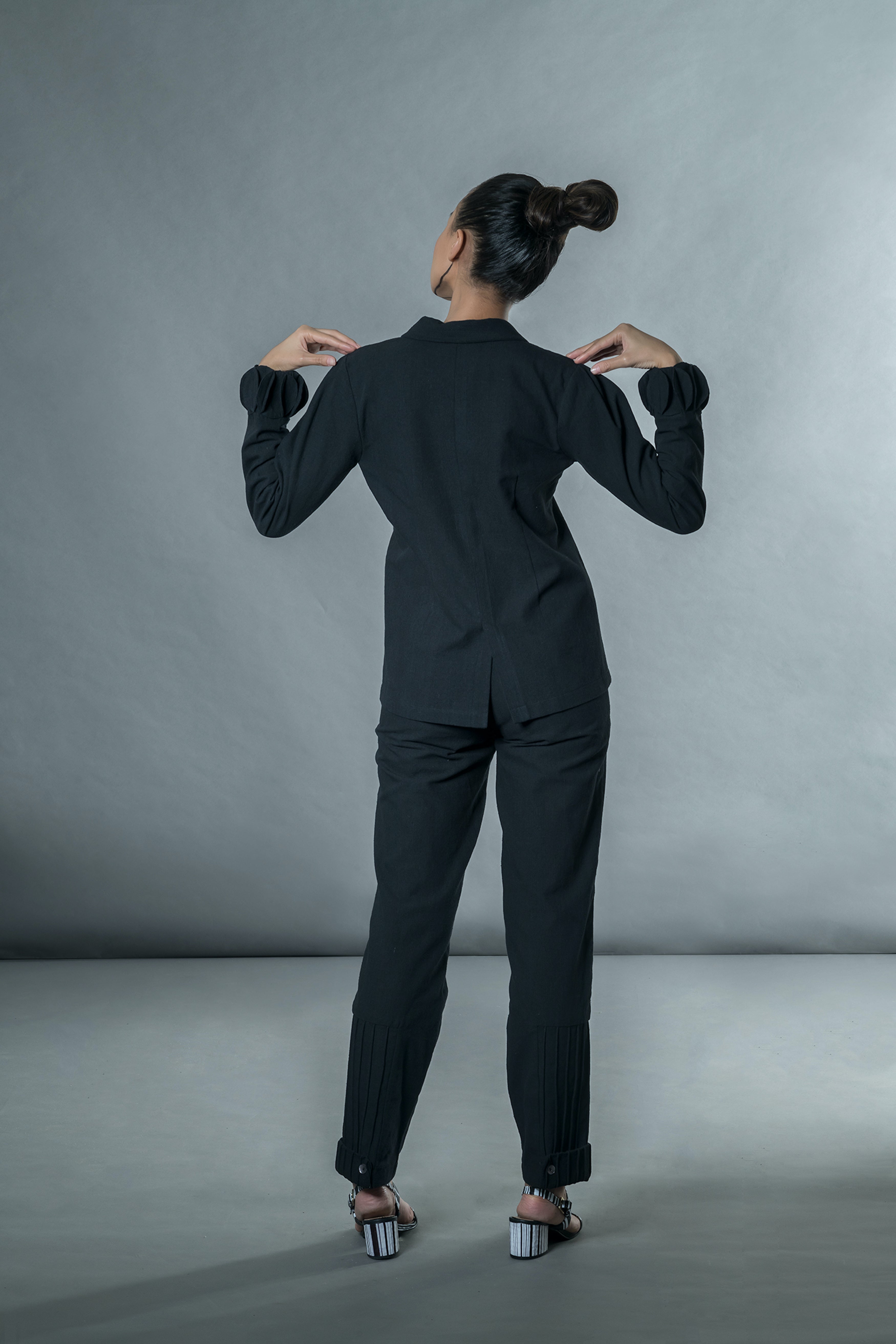 Black Pants with corded patch by Anushé Pirani with Black, Handwoven Jute Cotton, July Sale, July Sale 2023, Natural, Office Wear, Pants, Regular Fit, sale anushe pirani, Solids, The Line Tales, The Line Tales by Anushe Pirani, Womenswear at Kamakhyaa for sustainable fashion