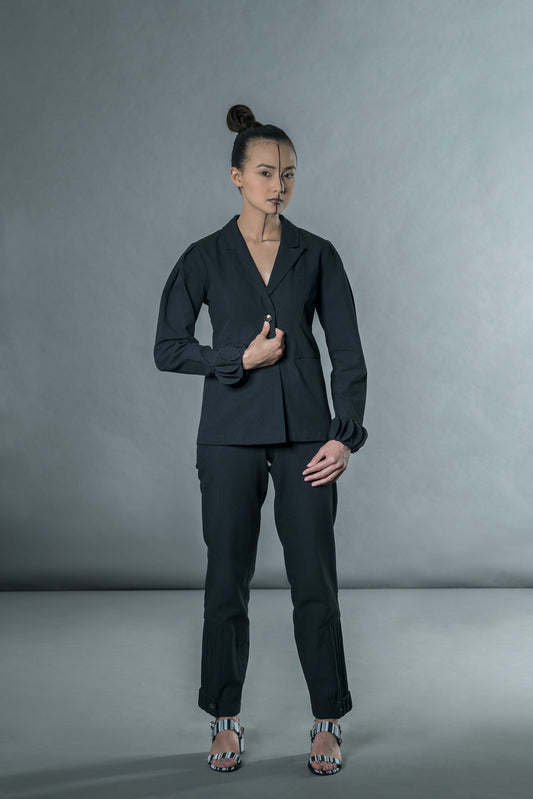 Jacket with origami by Anushé Pirani with Black, Blazers, Handwoven Jute Cotton, July Sale, July Sale 2023, Natural, Office Wear, Regular Fit, sale anushe pirani, Solids, The Line Tales, The Line Tales by Anushe Pirani, Womenswear at Kamakhyaa for sustainable fashion