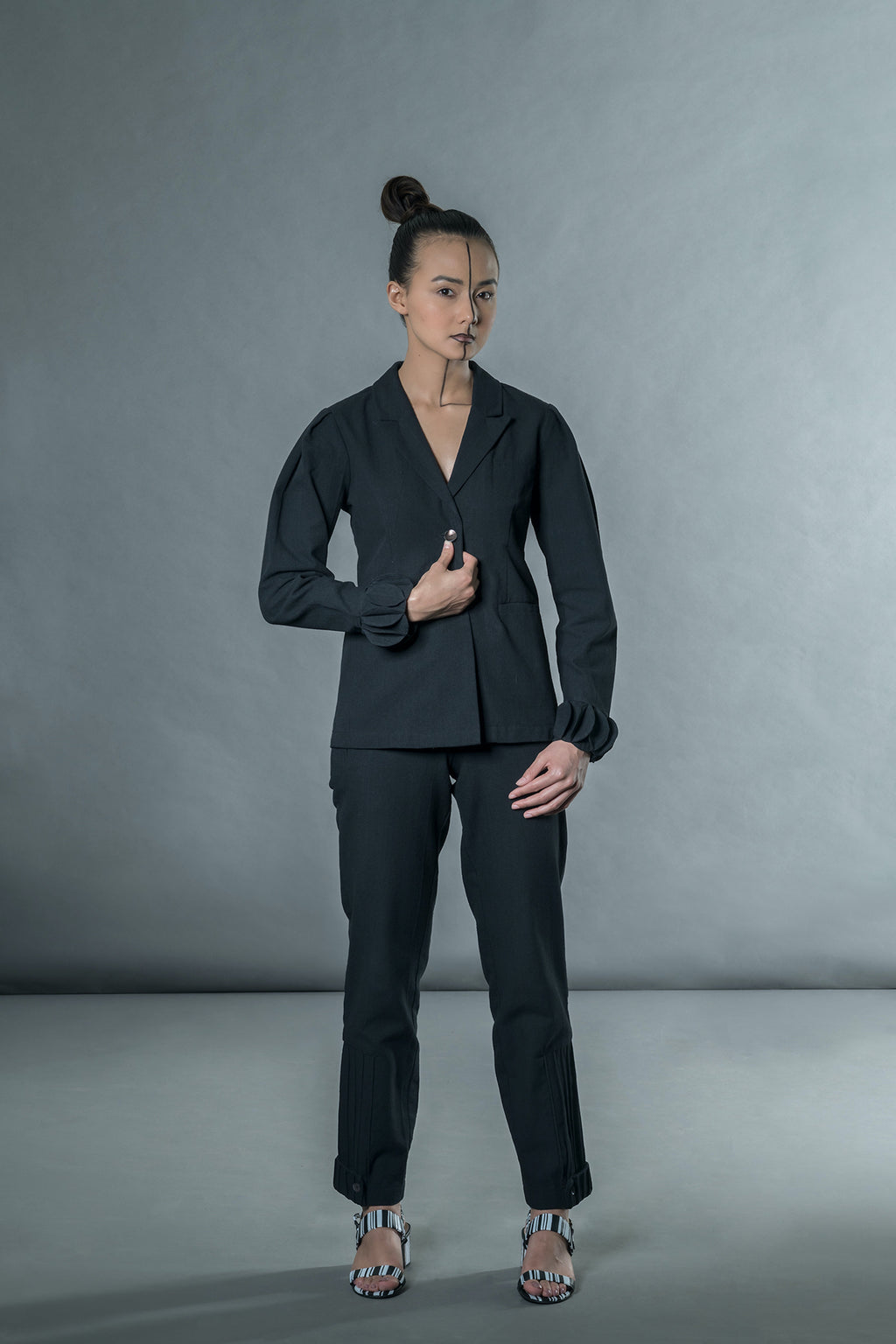 Black Pants with corded patch by Anushé Pirani with Black, Handwoven Jute Cotton, July Sale, July Sale 2023, Natural, Office Wear, Pants, Regular Fit, sale anushe pirani, Solids, The Line Tales, The Line Tales by Anushe Pirani, Womenswear at Kamakhyaa for sustainable fashion
