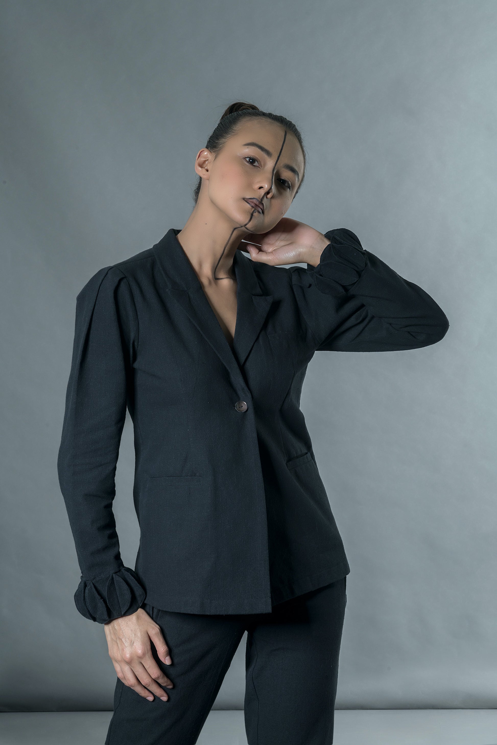 Jacket with origami by Anushé Pirani with Black, Blazers, Handwoven Jute Cotton, July Sale, July Sale 2023, Natural, Office Wear, Regular Fit, sale anushe pirani, Solids, The Line Tales, The Line Tales by Anushe Pirani, Womenswear at Kamakhyaa for sustainable fashion