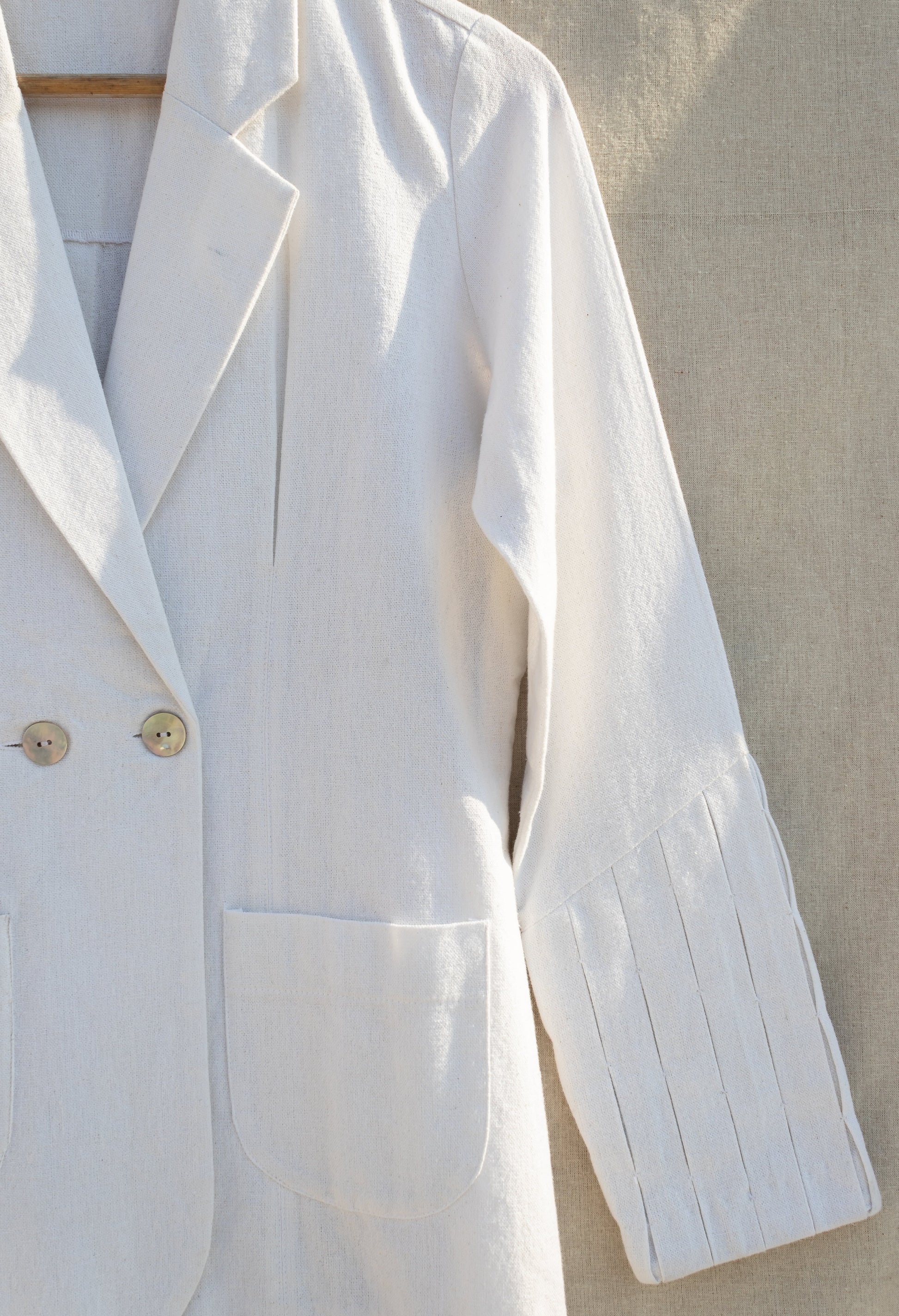 White Suit Blazers by Anushé Pirani with Blazers, Easter, Handwoven Jute Cotton, July Sale, July Sale 2023, Natural, Office Wear, Playful Office Wear, Relaxed Fit, sale anushe pirani, Solids, The Line Tales, The Line Tales by Anushe Pirani, White, Womenswear at Kamakhyaa for sustainable fashion