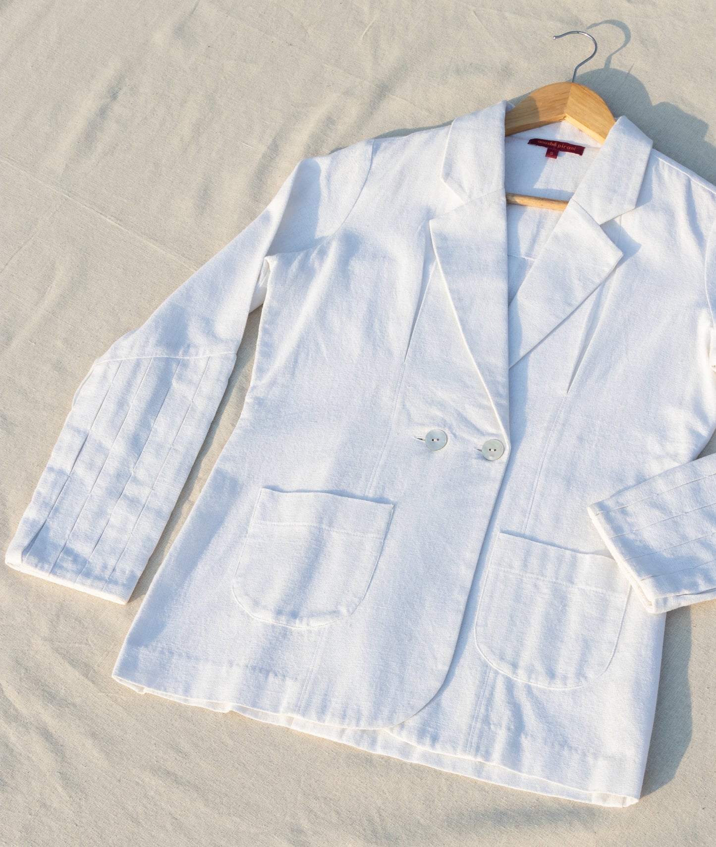 White Suit Blazers by Anushé Pirani with Blazers, Easter, Handwoven Jute Cotton, July Sale, July Sale 2023, Natural, Office Wear, Playful Office Wear, Relaxed Fit, sale anushe pirani, Solids, The Line Tales, The Line Tales by Anushe Pirani, White, Womenswear at Kamakhyaa for sustainable fashion