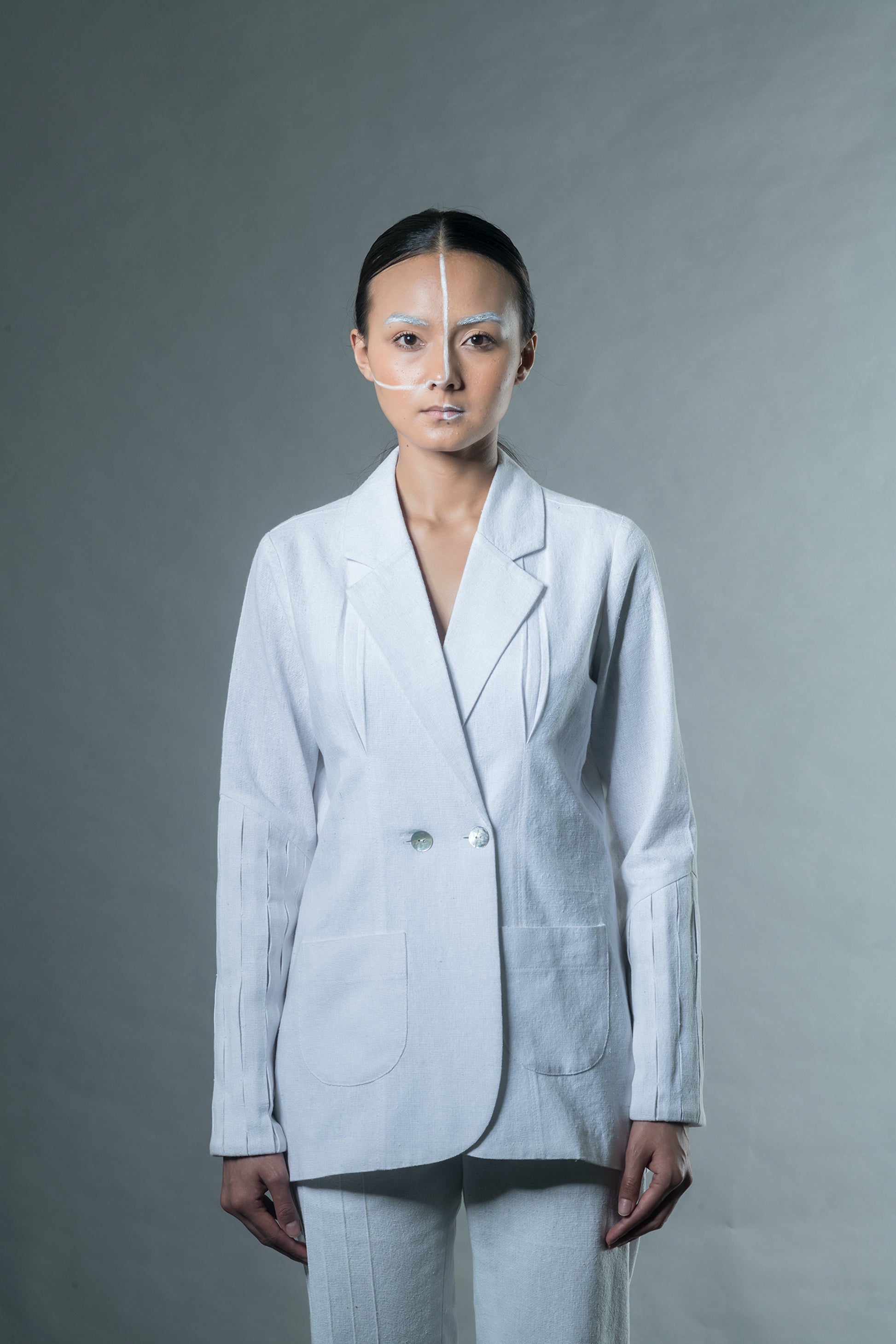 White Suit Blazers by Anushé Pirani with Blazers, Easter, Handwoven Jute Cotton, July Sale, July Sale 2023, Natural, Office Wear, Playful Office Wear, Relaxed Fit, sale anushe pirani, Solids, The Line Tales, The Line Tales by Anushe Pirani, White, Womenswear at Kamakhyaa for sustainable fashion