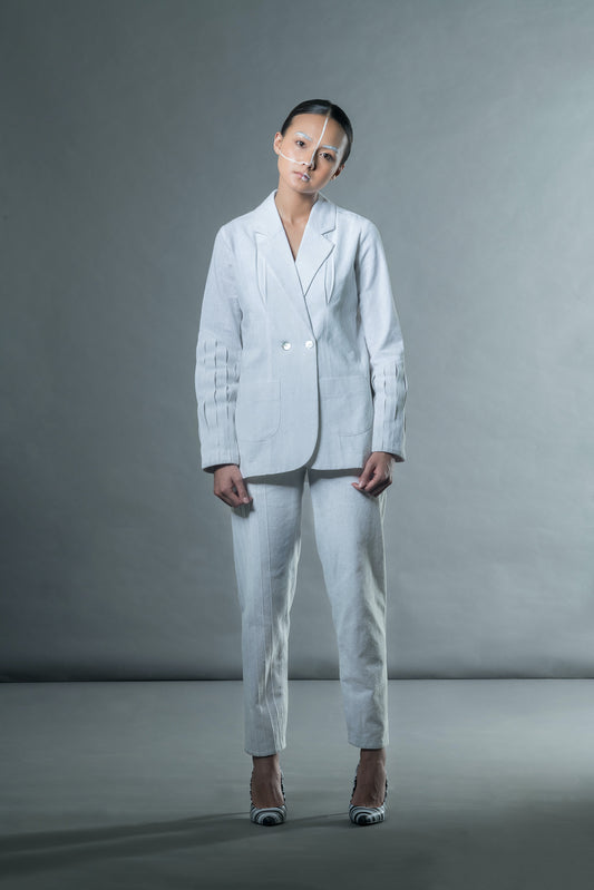 White Suit Blazers by Anushé Pirani with Blazers, Easter, Handwoven Jute Cotton, July Sale, July Sale 2023, Natural, Office Wear, Playful Office Wear, Relaxed Fit, sale anushe pirani, Solids, The Line Tales, The Line Tales by Anushe Pirani, White, Womenswear at Kamakhyaa for sustainable fashion