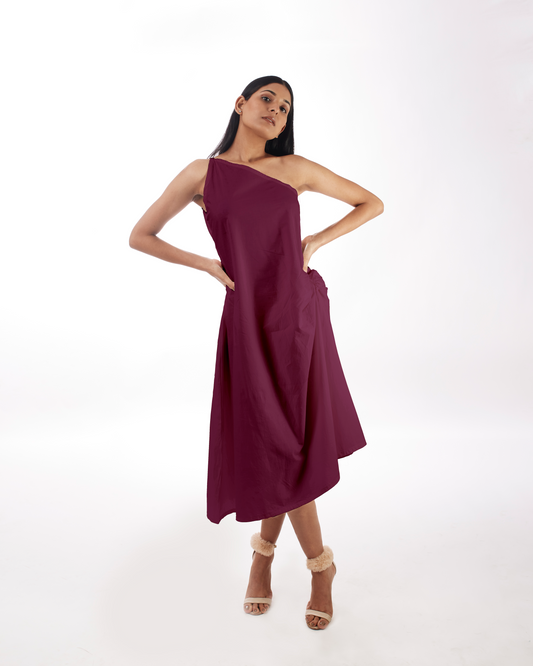 Plum One Shoulder Dress by Kamakhyaa with 100% pure cotton, FB ADS JUNE, Fitted At Waist, KKYSS, Naturally Made, One Shoulder Dresses, Party Wear, Purple, Slim Fit, Solids, Summer Sutra, Tiered Dresses, Womenswear at Kamakhyaa for sustainable fashion