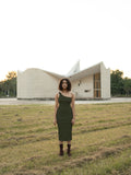 Olive Green Midi Dress by Meko Studio with Cotton, Evening Wear, July Sale, July Sale 2023, Midi Dresses, Olive Green, One Shoulder Dresses, Slim Fit, Solids, Tranquil AW-22/23, Tranquil by Meko Studio, Womenswear at Kamakhyaa for sustainable fashion
