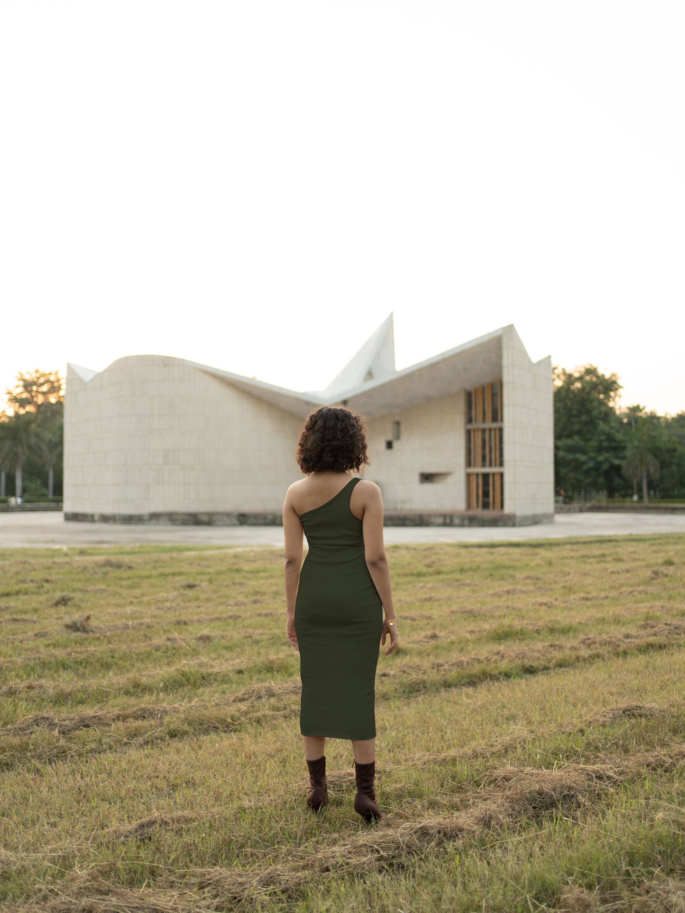 Olive Green Midi Dress by Meko Studio with Cotton, Evening Wear, July Sale, July Sale 2023, Midi Dresses, Olive Green, One Shoulder Dresses, Slim Fit, Solids, Tranquil AW-22/23, Tranquil by Meko Studio, Womenswear at Kamakhyaa for sustainable fashion