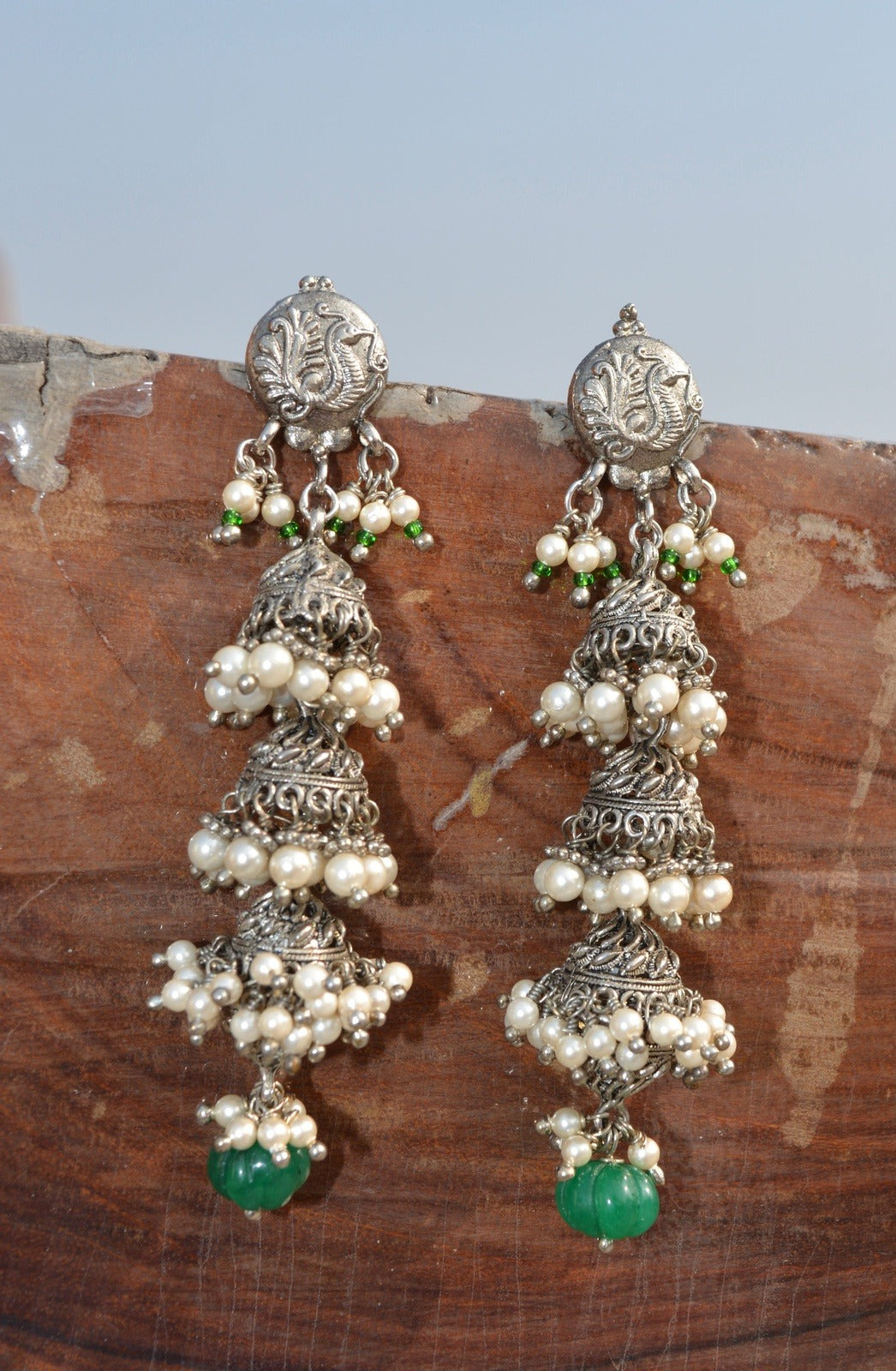 Green Jhumkas Peacock Not Found by House Of Heer with Alloy Metal, Festive Jewellery, Festive Wear, Free Size, Green, jewelry, Jhumkas, July Sale, July Sale 2023, Long Earrings, Multicolor, Natural, Pearl, Solids, Textured at Kamakhyaa for sustainable fashion