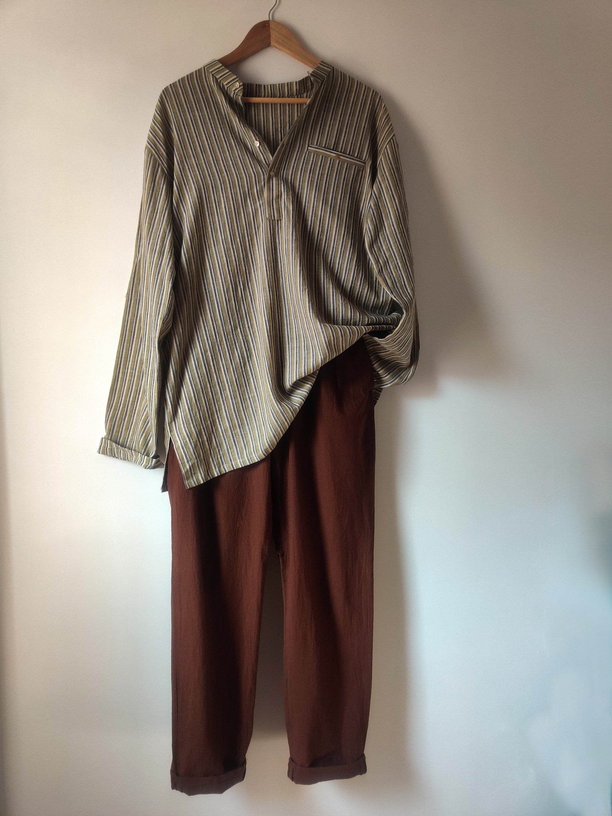 Green And Brown Cotton Kurta by Deeta Clothing with Brown, Casual Wear, Green, Handwoven Cotton, Kurtas, Menswear, Natural with azo dyes, Relaxed Fit, Shibui AW22, Stripes, Tops at Kamakhyaa for sustainable fashion