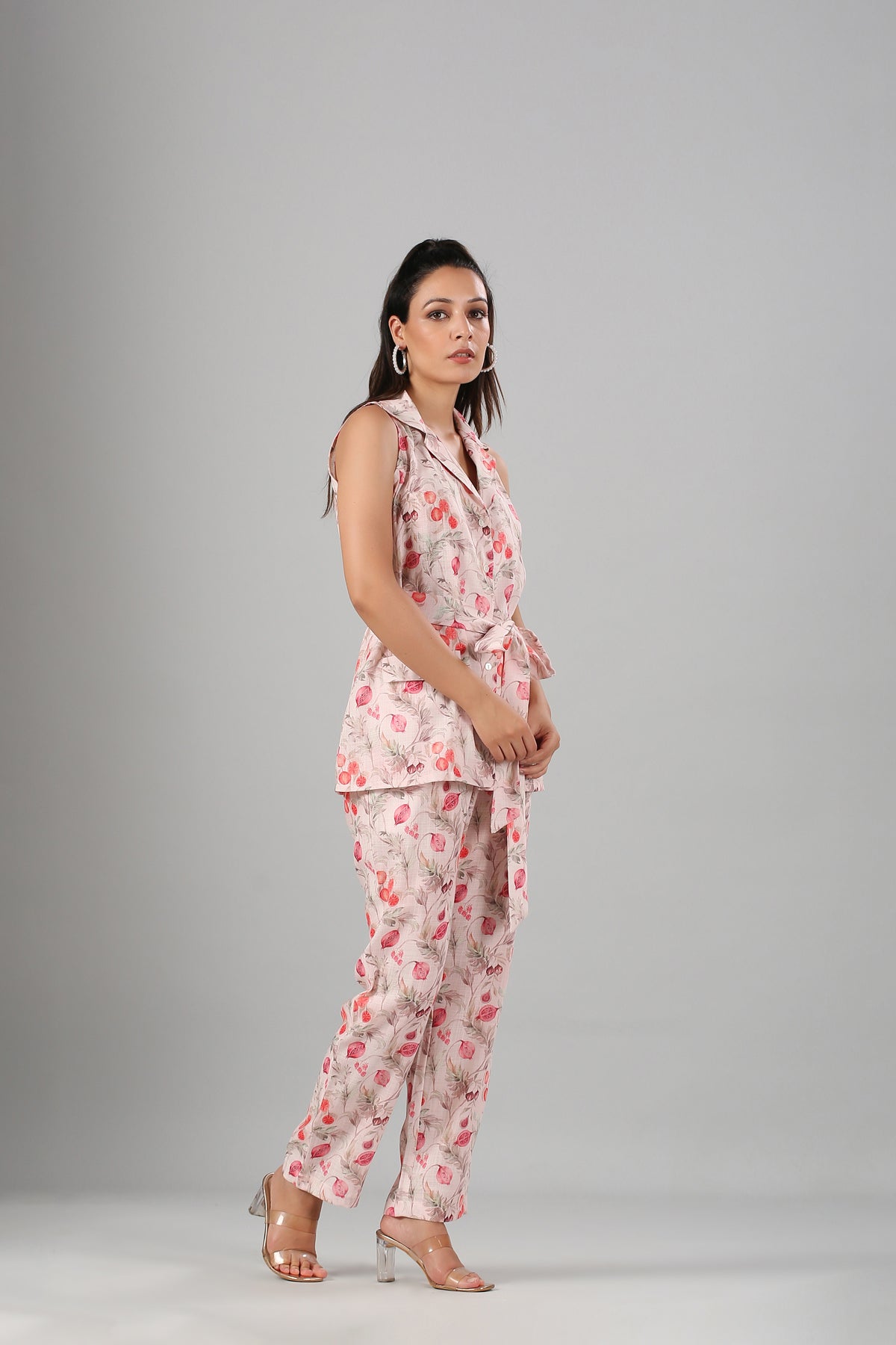 Pink Linen Co ord Set by MOH-The Eternal Dhaga with Cotton, Linen, Moh-The eternal Dhaga, Multicolor, Natural, Office Wear, Office Wear Co-ords, Pink, Prints, Slim Fit, Womenswear at Kamakhyaa for sustainable fashion