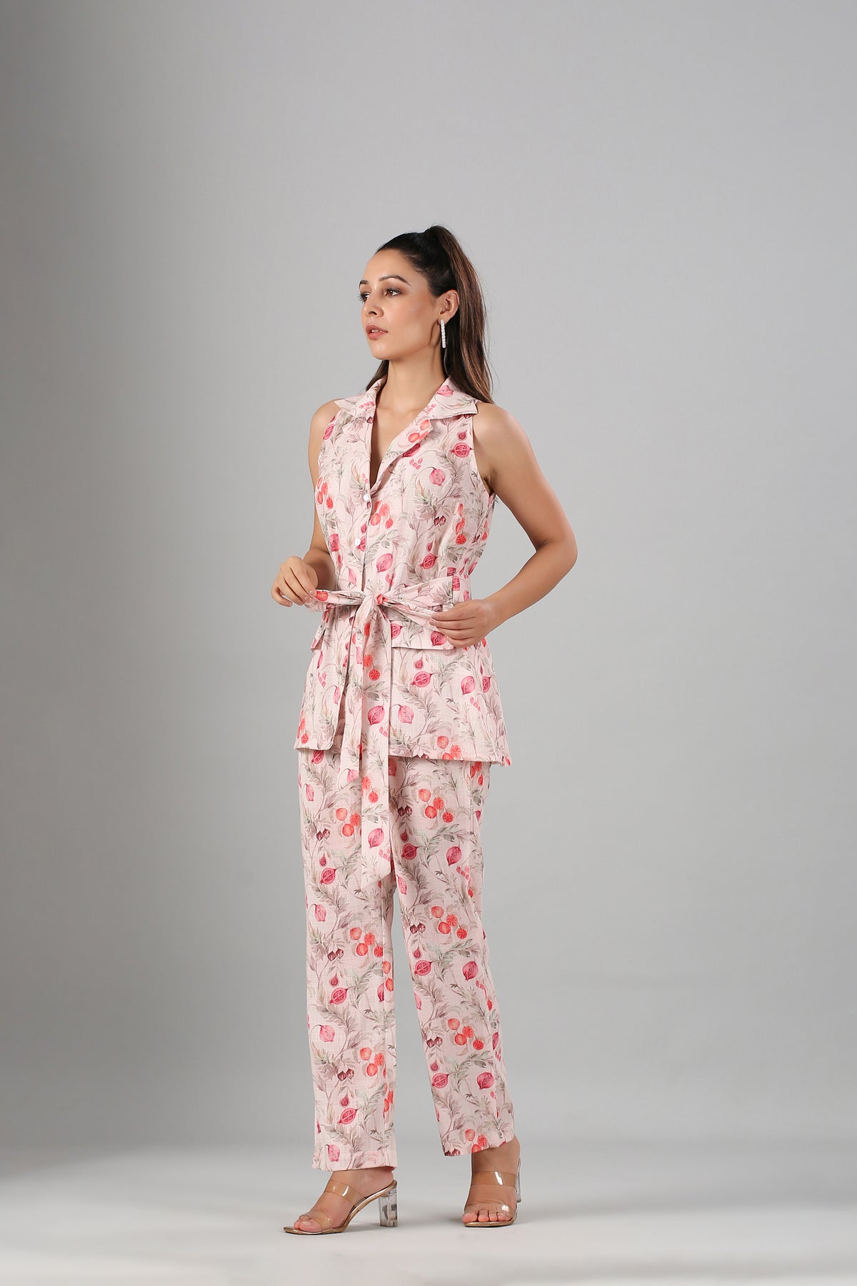 Pink Linen Co ord Set by MOH-The Eternal Dhaga with Cotton, Linen, Moh-The eternal Dhaga, Multicolor, Natural, Office Wear, Office Wear Co-ords, Pink, Prints, Slim Fit, Womenswear at Kamakhyaa for sustainable fashion