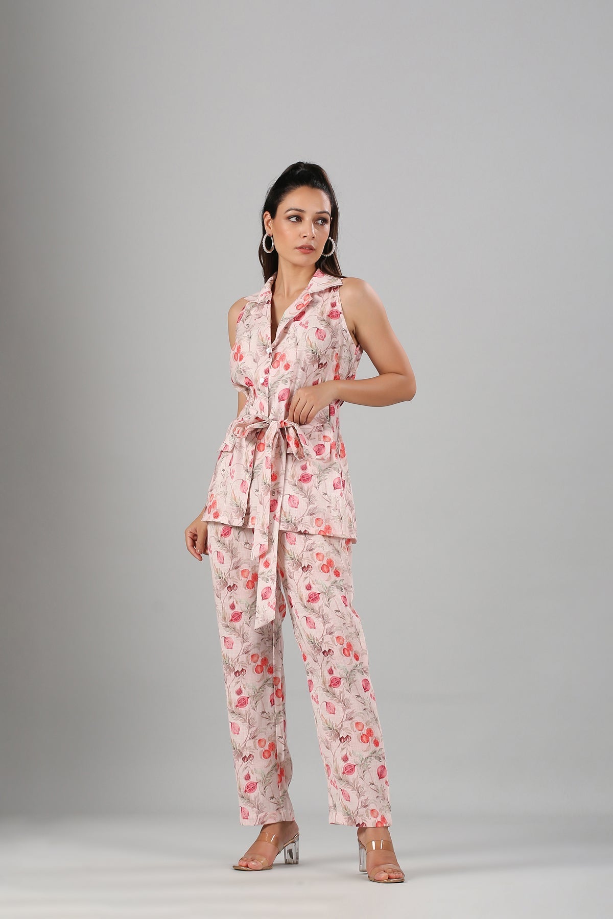Pink Linen Co ord Set by MOH-The Eternal Dhaga with Cotton, Linen, Moh-The eternal Dhaga, Multicolor, Natural, Office Wear, Office Wear Co-ords, Pink, Prints, Slim Fit, Womenswear at Kamakhyaa for sustainable fashion