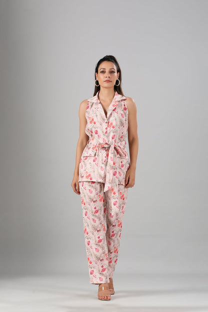 Pink Linen Co ord Set by MOH-The Eternal Dhaga with Cotton, Linen, Moh-The eternal Dhaga, Multicolor, Natural, Office Wear, Office Wear Co-ords, Pink, Prints, Slim Fit, Womenswear at Kamakhyaa for sustainable fashion