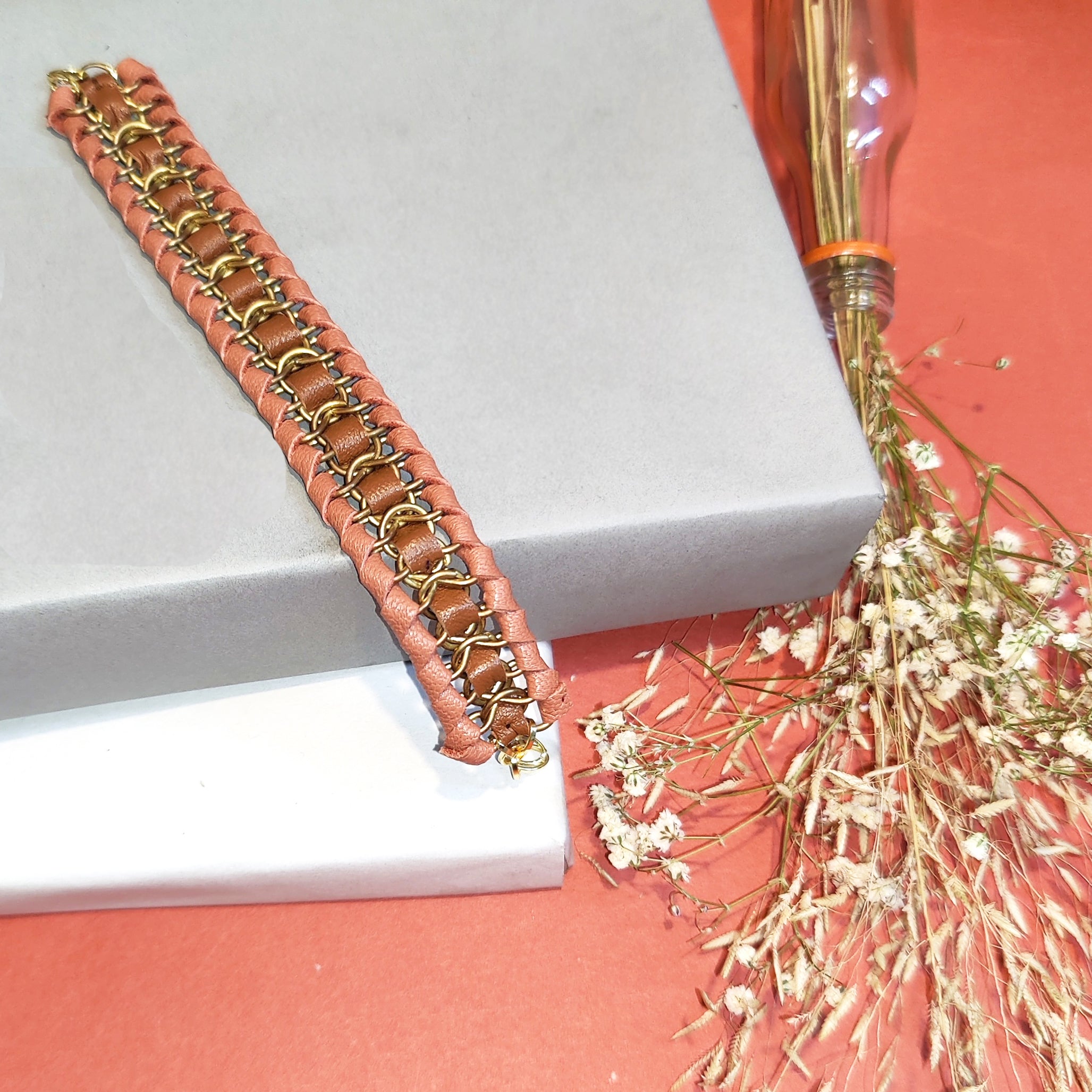 Pink Link Bracelet by Noupelle with Add Ons, Bracelets, Casual Wear, Free Size, Less than $50, Pink, Products less than $25, Textured, Upcycled, Upcycled from Leather Waste, Women Led Designer at Kamakhyaa for sustainable fashion