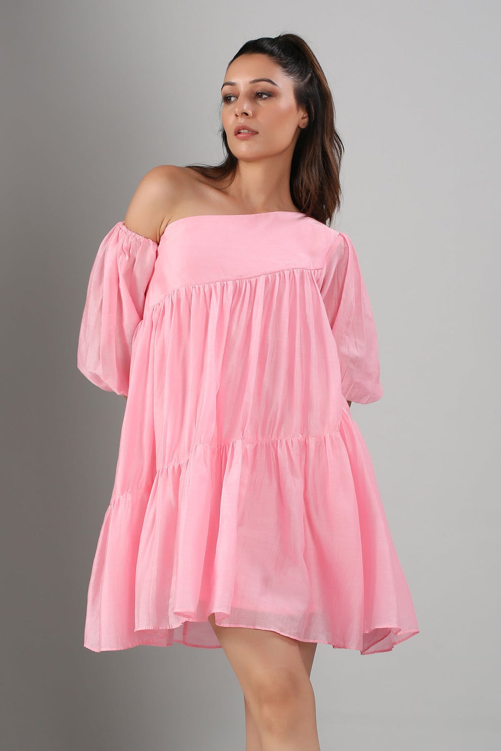 Pink Off Shoulder Dress by MOH-The Eternal Dhaga with Casual Wear, Cotton, Moh-The eternal Dhaga, Natural, Off-Shoulder Dresses, Pink, Relaxed Fit, Solids, Womenswear at Kamakhyaa for sustainable fashion