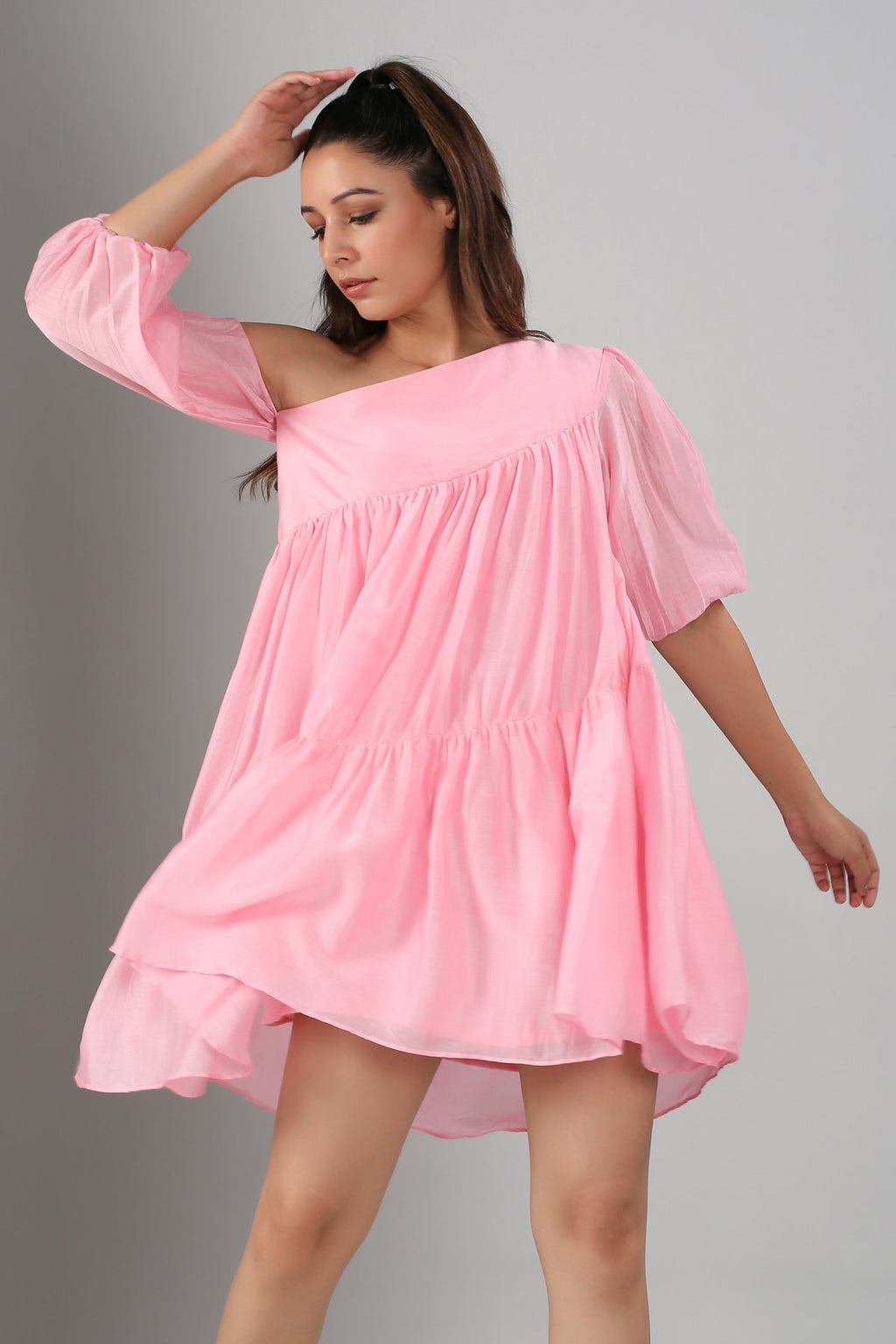 Pink Off Shoulder Dress by MOH-The Eternal Dhaga with Casual Wear, Cotton, Moh-The eternal Dhaga, Natural, Off-Shoulder Dresses, Pink, Relaxed Fit, Solids, Womenswear at Kamakhyaa for sustainable fashion