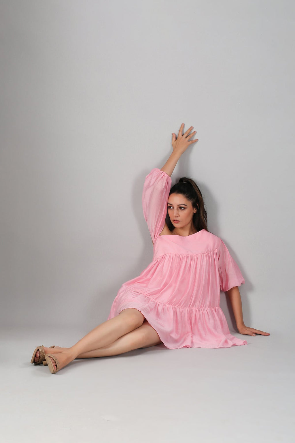Pink Off Shoulder Dress by MOH-The Eternal Dhaga with Casual Wear, Cotton, Moh-The eternal Dhaga, Natural, Off-Shoulder Dresses, Pink, Relaxed Fit, Solids, Womenswear at Kamakhyaa for sustainable fashion