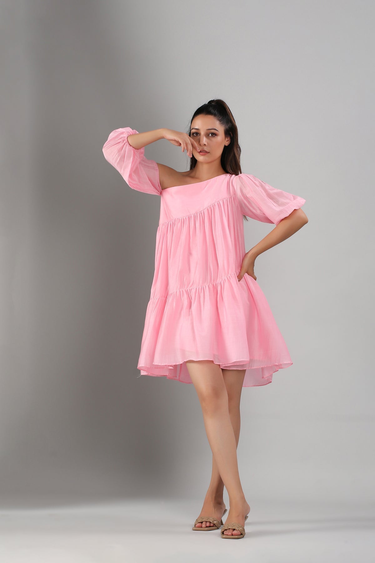 Pink Off Shoulder Dress by MOH-The Eternal Dhaga with Casual Wear, Cotton, Moh-The eternal Dhaga, Natural, Off-Shoulder Dresses, Pink, Relaxed Fit, Solids, Womenswear at Kamakhyaa for sustainable fashion