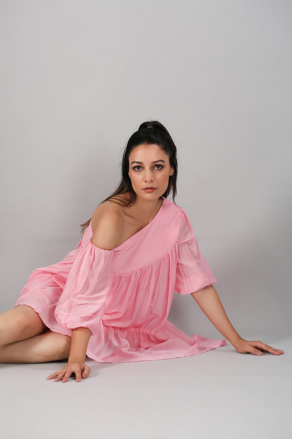 Pink Off Shoulder Dress by MOH-The Eternal Dhaga with Casual Wear, Cotton, Moh-The eternal Dhaga, Natural, Off-Shoulder Dresses, Pink, Relaxed Fit, Solids, Womenswear at Kamakhyaa for sustainable fashion