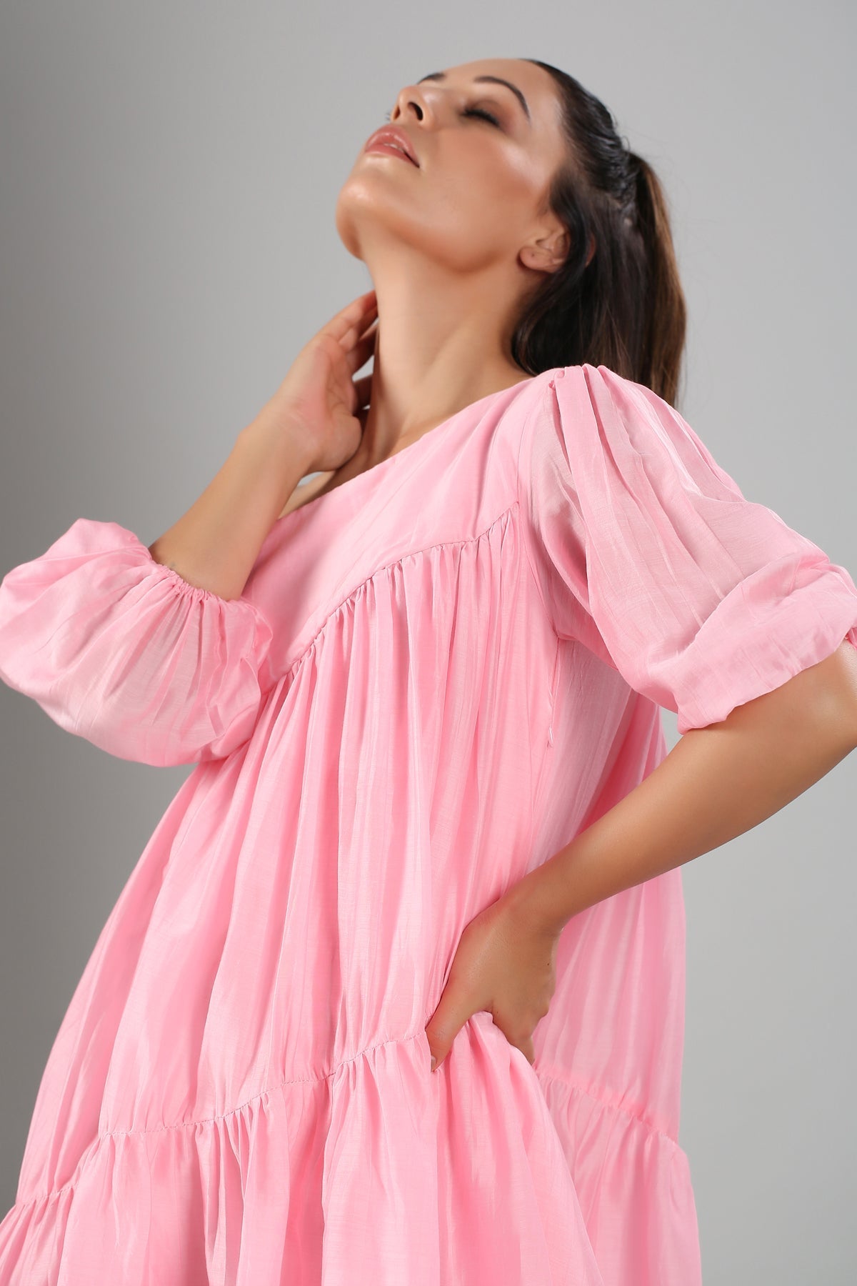 Pink Off Shoulder Dress by MOH-The Eternal Dhaga with Casual Wear, Cotton, Moh-The eternal Dhaga, Natural, Off-Shoulder Dresses, Pink, Relaxed Fit, Solids, Womenswear at Kamakhyaa for sustainable fashion