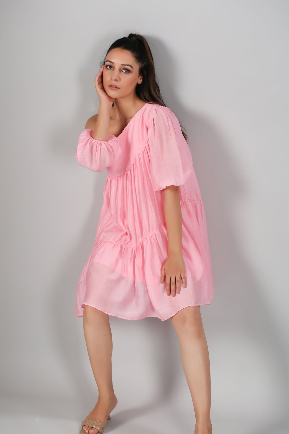 Pink Off Shoulder Dress by MOH-The Eternal Dhaga with Casual Wear, Cotton, Moh-The eternal Dhaga, Natural, Off-Shoulder Dresses, Pink, Relaxed Fit, Solids, Womenswear at Kamakhyaa for sustainable fashion