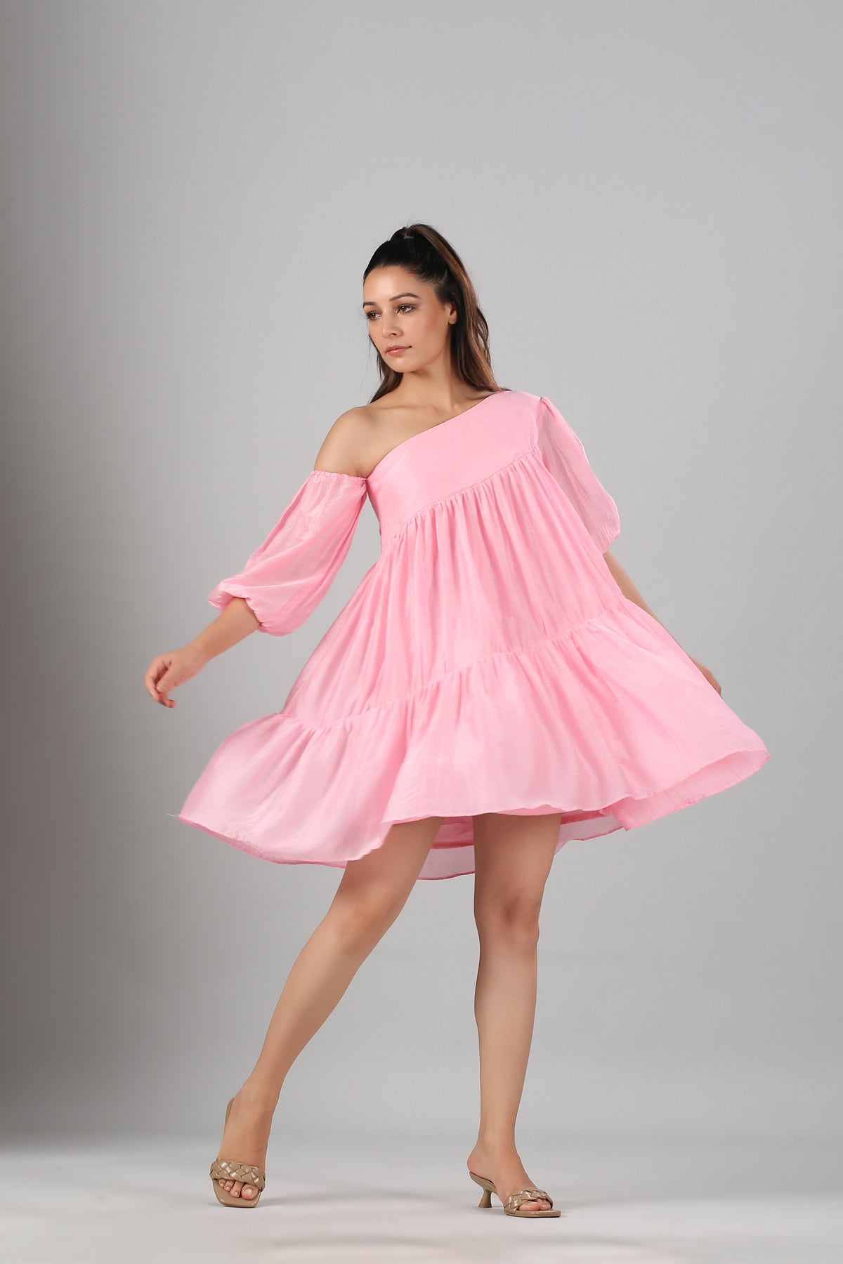 Pink Off Shoulder Dress by MOH-The Eternal Dhaga with Casual Wear, Cotton, Moh-The eternal Dhaga, Natural, Off-Shoulder Dresses, Pink, Relaxed Fit, Solids, Womenswear at Kamakhyaa for sustainable fashion